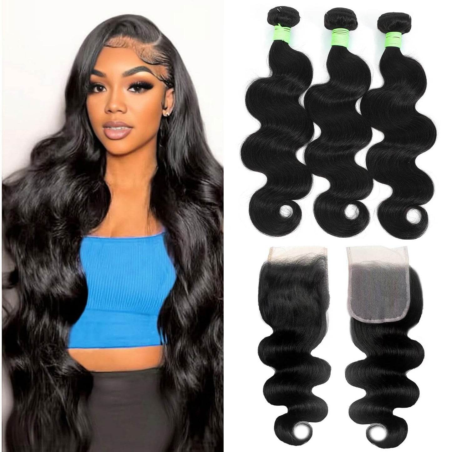 Tryfey Human Hair Bundles with Closure Body Wave (12 14 16+10,Free Part) 12A Grade 100% Unprocessed Brazilian Virgin Hair 3 Bundles Deals Real Human Hair Extensions For Black Women Natural Black