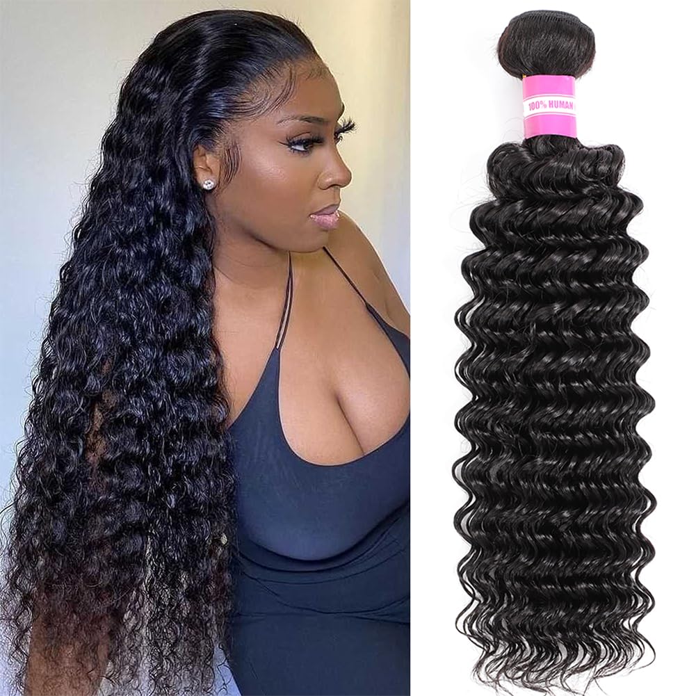 inlovwith Deep Wave Bundles Human Hair 24 Inch 12A Brazilian 100% Unprocessed Virgin Human Hair Bundles Wet and Wavy Human Hair Weave Bundles Natural Black Color Human Hair Extensions