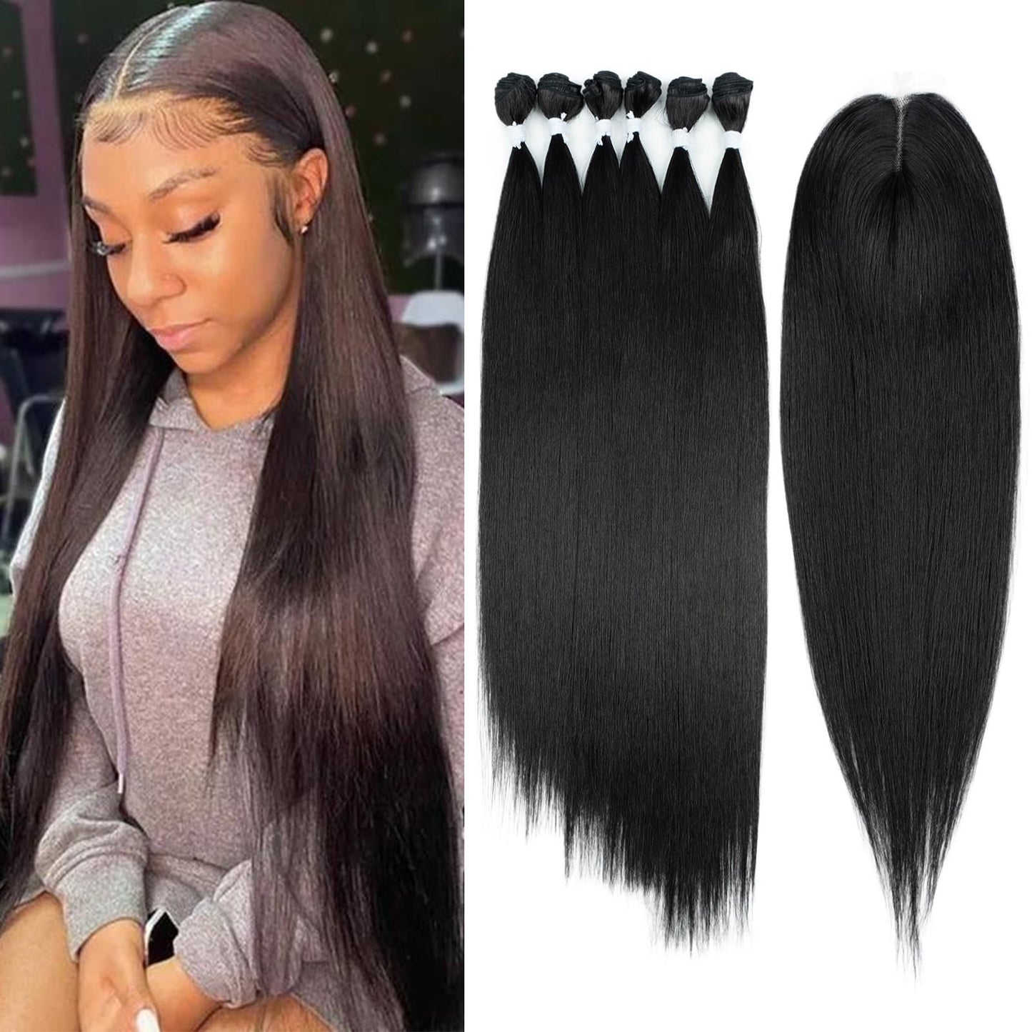 DÉBUT 26 28 30 Inches Silky Straight 6 Bundles with Lace Closure Long Straight Synthetic Hair Bundles Weave Hand-Tied Middle Part Lace Closure for Full Head 1B Color