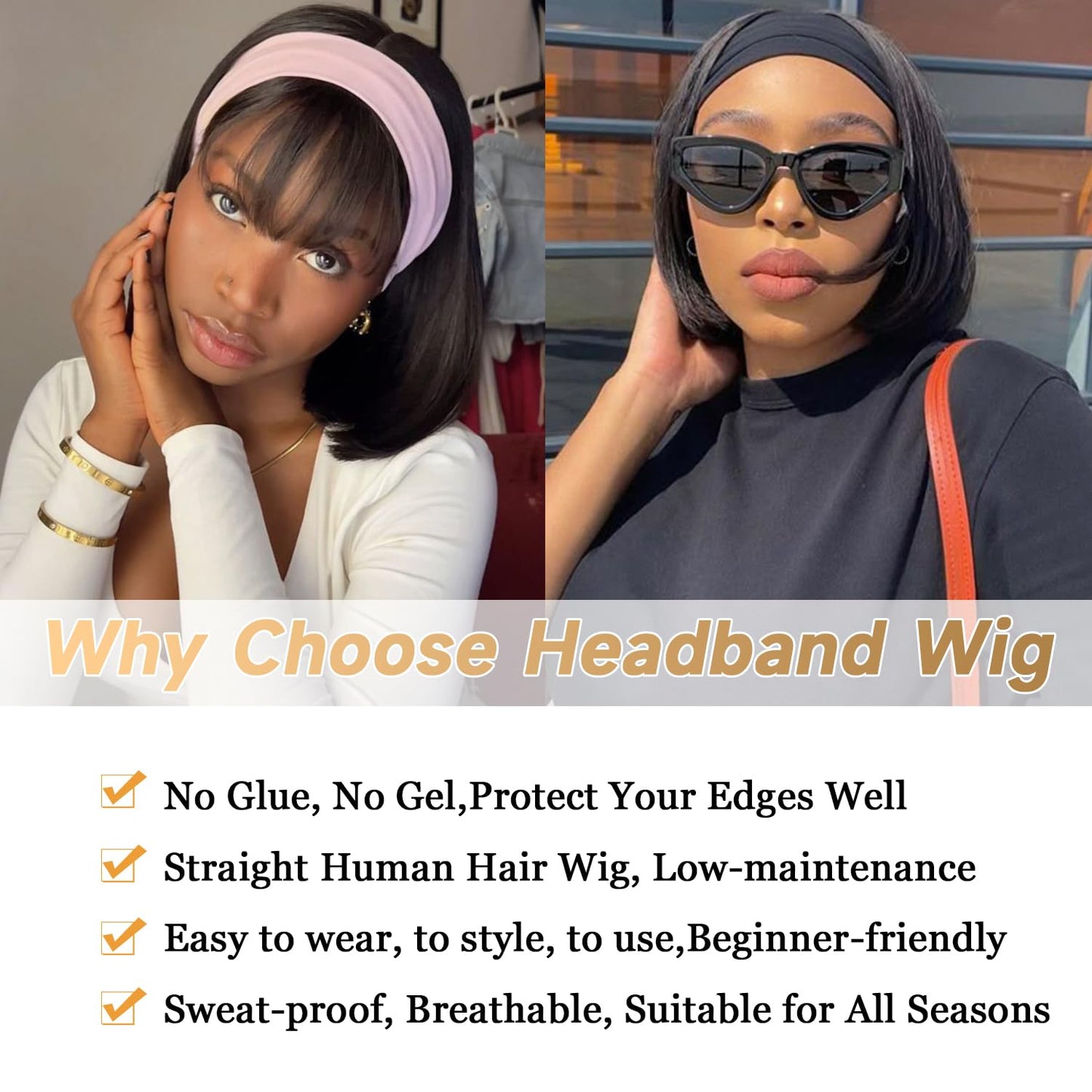 XC CLOUDS Headband Wigs Human Hair 8 Inch Bob Headband Wigs For Black Women Wear And Go Short Bob Wigs Glueless Wigs Human Hair Natural Black Headband Wig Human Hair Straight 150% Density