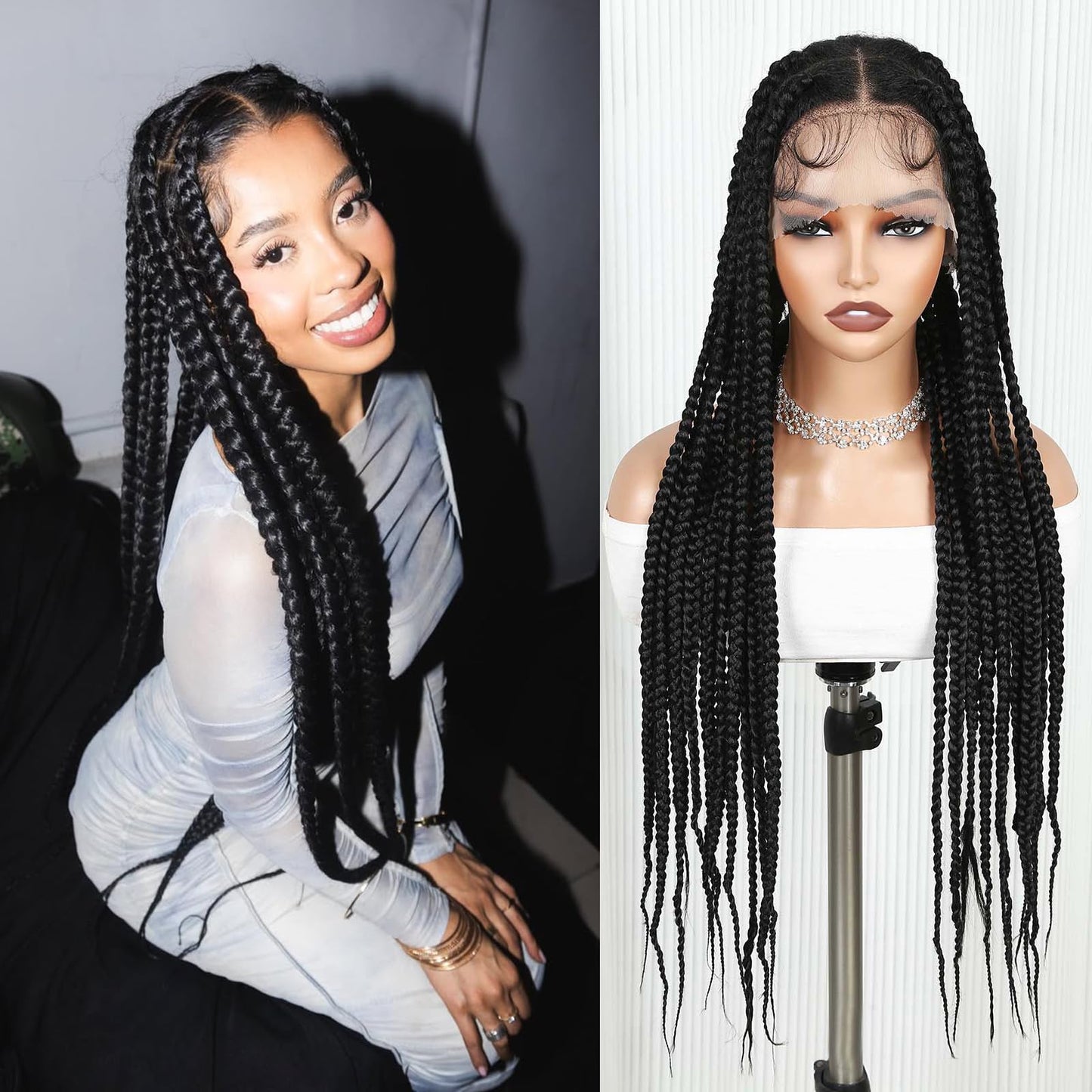 WIGER 360 Full Lace Braided Wigs for Black Women, 34 Inch Transparent HD Lace, Single-layer Jumbo Braids, 22 Handmade Braids, Natural Black Synthetic Lace Front Hair Wig