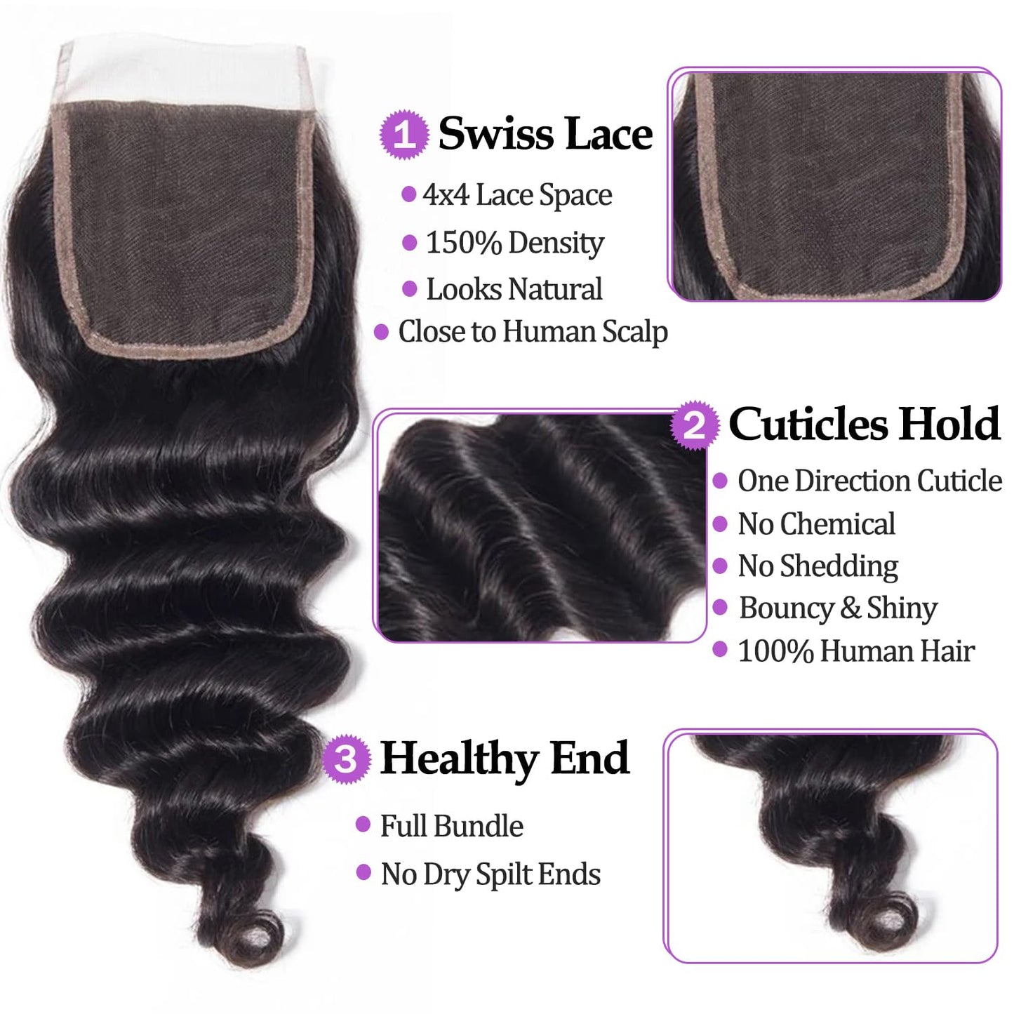 Beaushine Human Hair Bundles Loose Deep Wave Bundles and Closure (14 16 18+14) 10A Brazilian Loose Wave hd Lace Closure with Unprocessed Brazilian Raw Virgin Human Hair Quick Weave Bundles