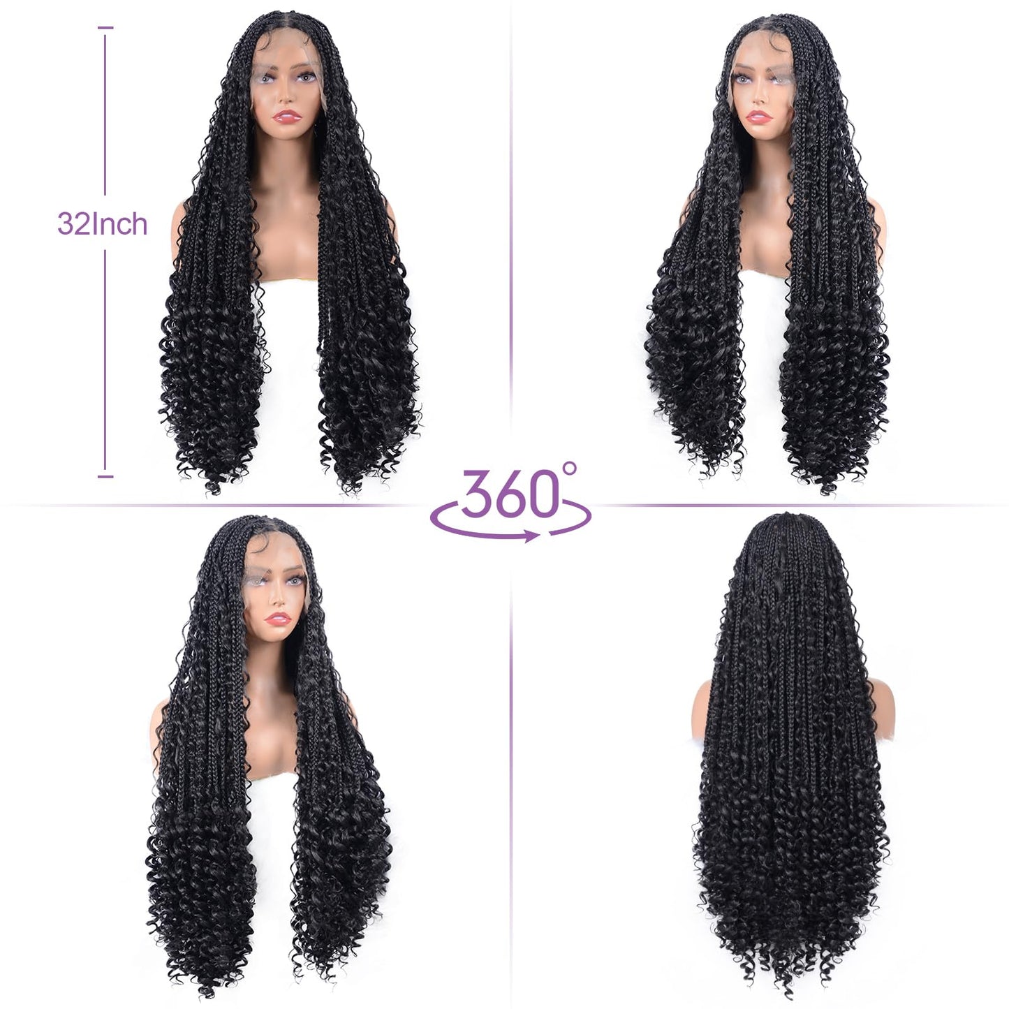 Boho Braided Wigs for Black Women Knotless Box Braids Wig with Curly Ends Double Full Lace Synthetic Glueless Braided Wigs with Baby Hair for Woman Natural Black 32 Inch