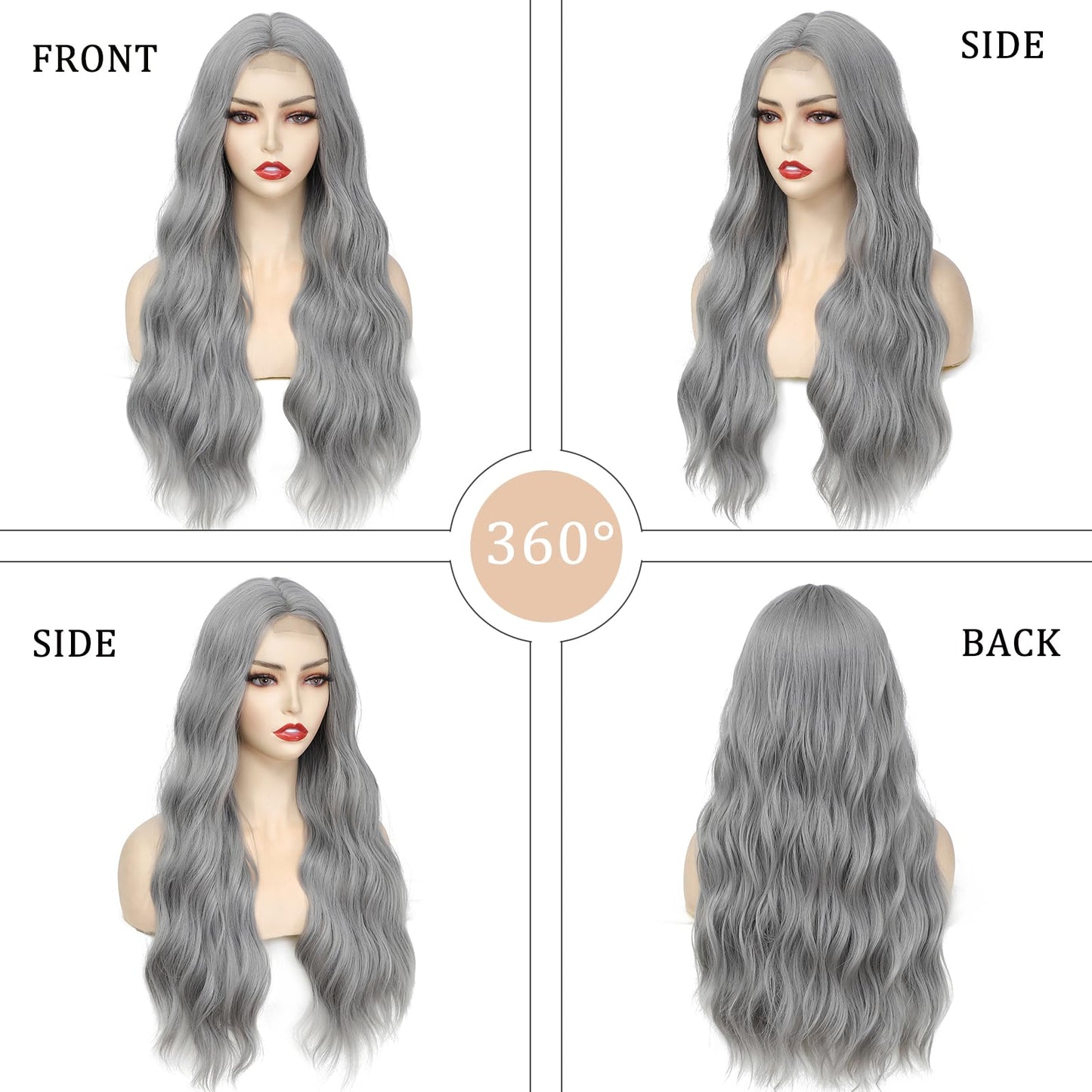 YBYMCAI Grey Wig - Long Sliver Wavy Wigs for Women Middle Part Gray Wig 26 inch Natural Curly Synthetic Wig Heat Resistant Fiber Wigs for Daily Party Use