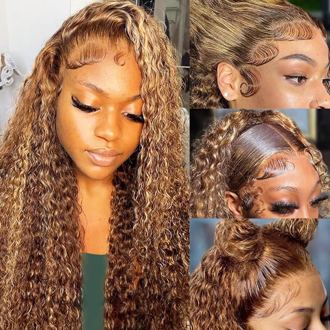 KVFCT 24 inch Ombre Highlight 13x6 Deep Wave Lace Front Wigs Human Hair 200% Density Honey Blonde 4/27 Curly Human Hair Wigs HD Lace Front Glueless Wigs Pre Plucked with Baby Hair Deep Wave Wig
