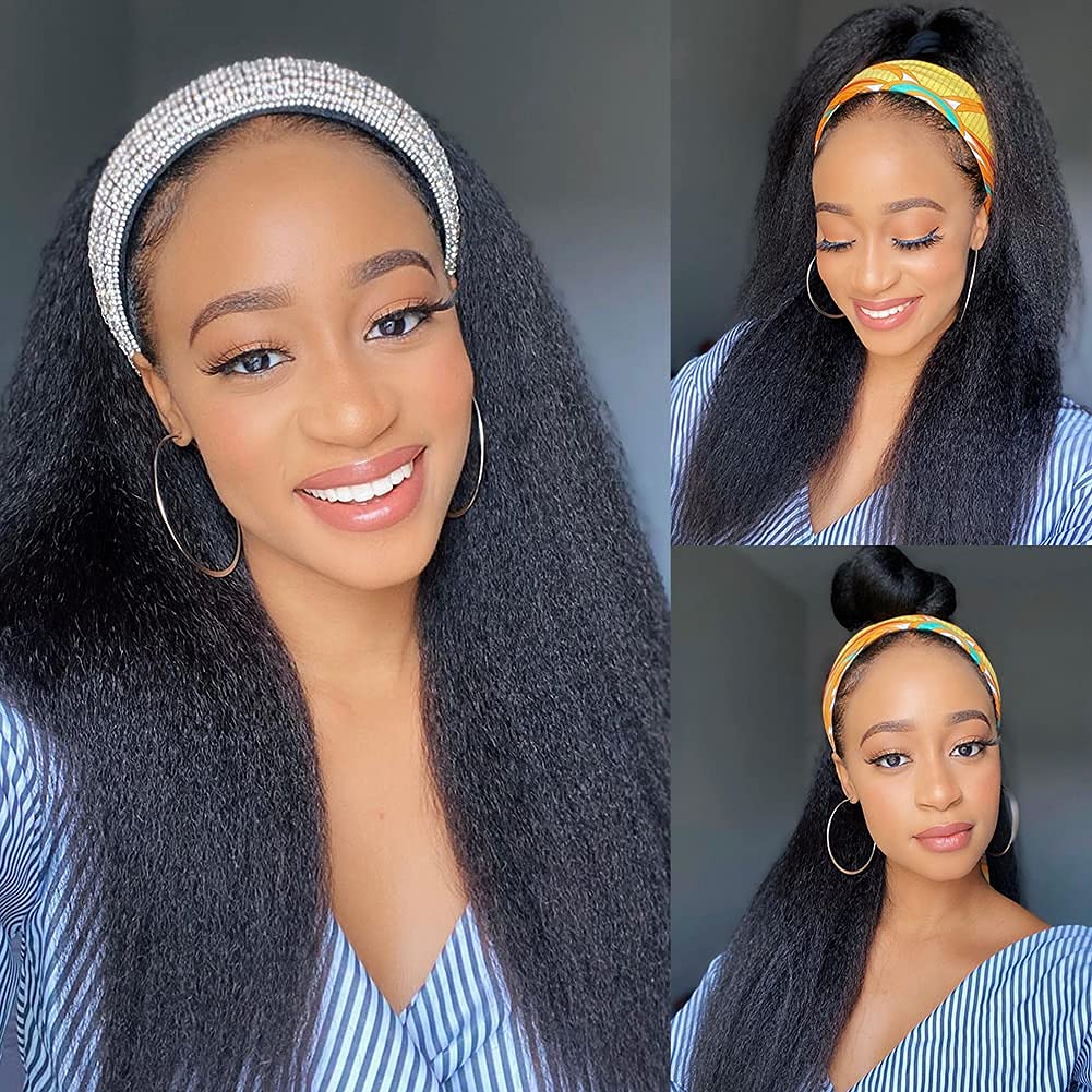 G&T Wig Yaki Straight Headband Wigs for Black Women Synthetic Yaki Headband Wig Long Kinky Straight Hair Wigs With Hair Band Attached 18 inch Full Machine Made None Lace Front Wig Natural Black Color