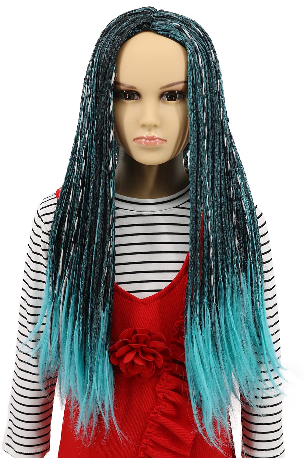 karlery Kids Girls Long Braid Blue and Black Mixed Wig Halloween Cosplay Wig Anime Costume Party Wig