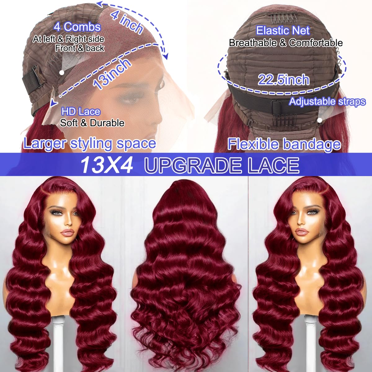 Dewyigs 99J Burgundy Lace Front Wigs Human Hair 26 Inch Red Burgundy Wig Human Hair 13x4 HD Body Wave Lace Front Wigs Human Hair 180% Density Pre Plucked Frontal Human Hair Wigs for Women