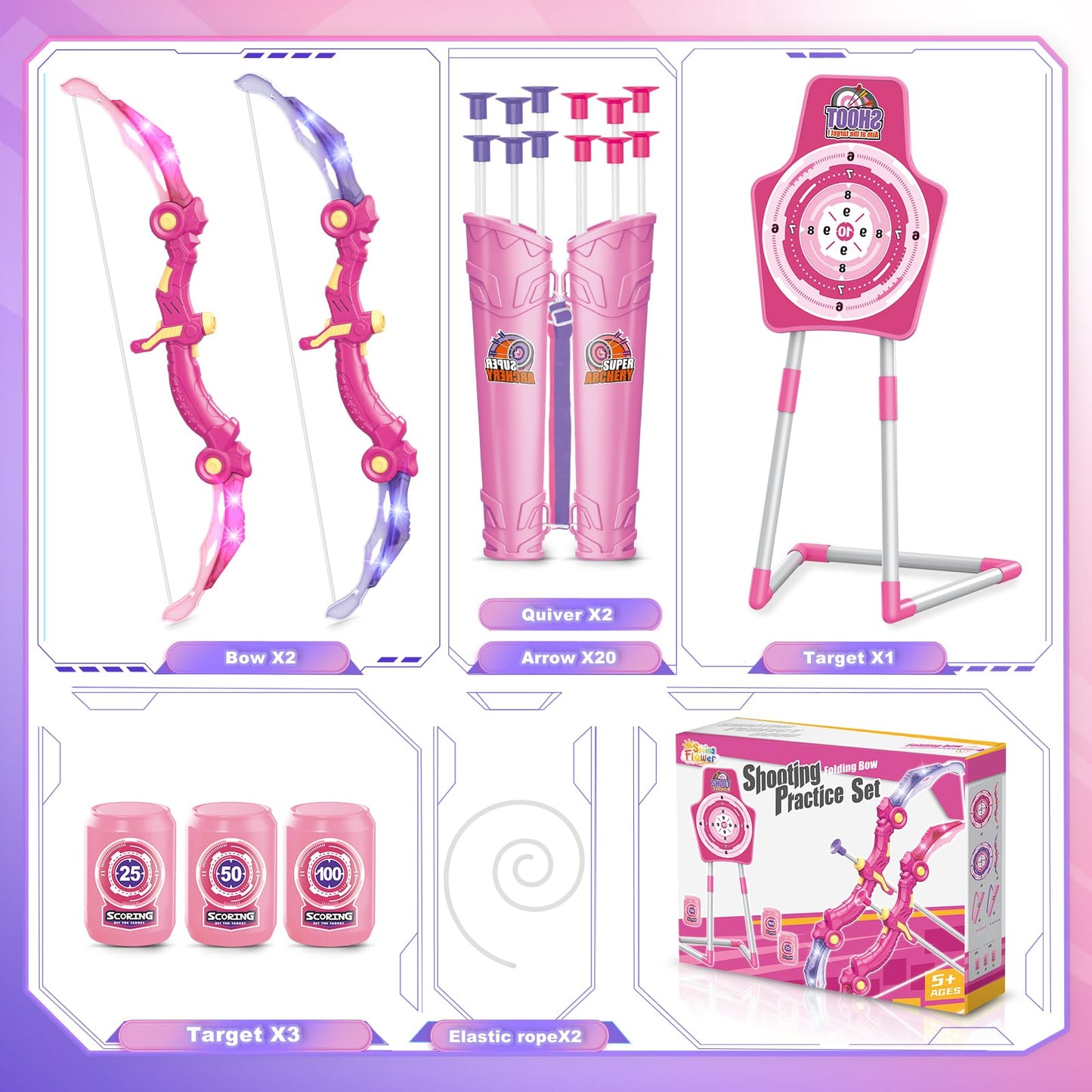 Bow and Arrow Toys for 5 6 7 8 9 10 Years Olds Girls, Archery Set includes 2 Super Bow with LED Lights, 20 Suction Cups Arrows,Archery Set with Standing Target,3 Target Cans,Gift for Kids