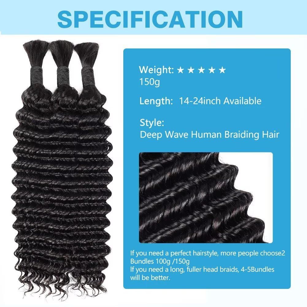 Human Braiding Hair Deep Water Wave Bulk Human Hair 150g 24 Inch Curly Human Hair for Boho Braids Hair Extensions No Weft 3 Braids Per Pack Wet and Wavy Human Hair Braiding Hair Natural Color