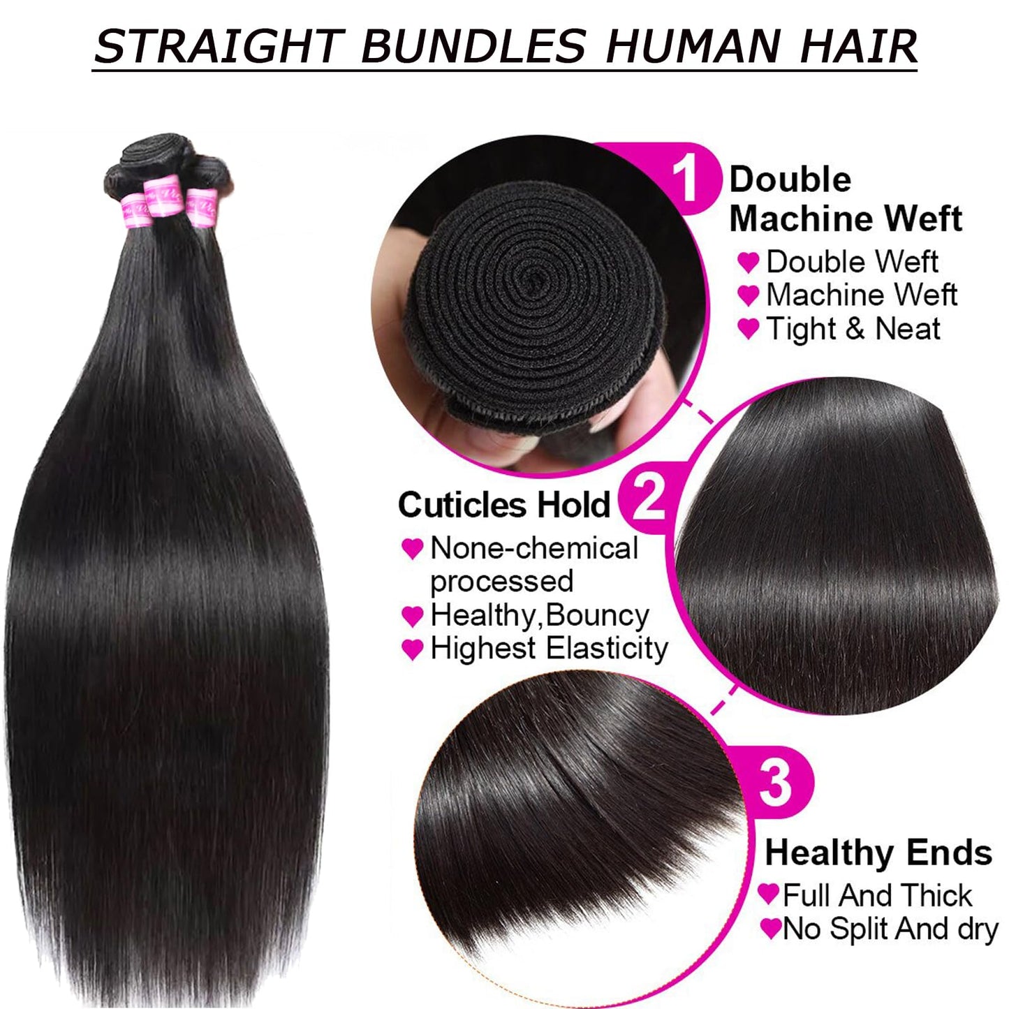PINJUOO Straight Bundles Human Hair 16 18 20 inch 100% Unprocessed Virgin Remy Hair Bundles Weave 3 Bundles Raw Hair Extensions Natural Color for Women