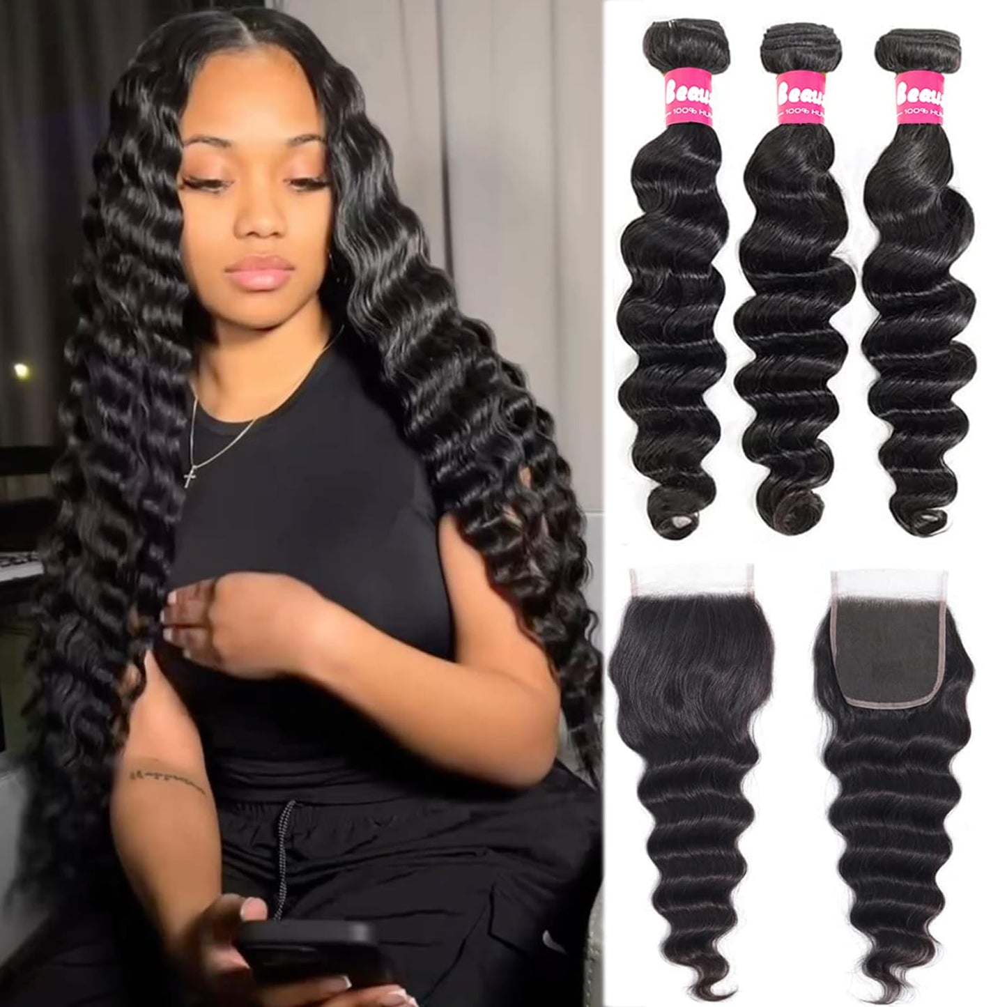 Beaushine Loose Deep Wave Bundles with Closure Human Hair (16 18 20+16) Unprocessed Brazilian Virgin Hair 3 Bundles with Lace Closure Brazilian Loose Curly Bundles Human Hair Natural Color