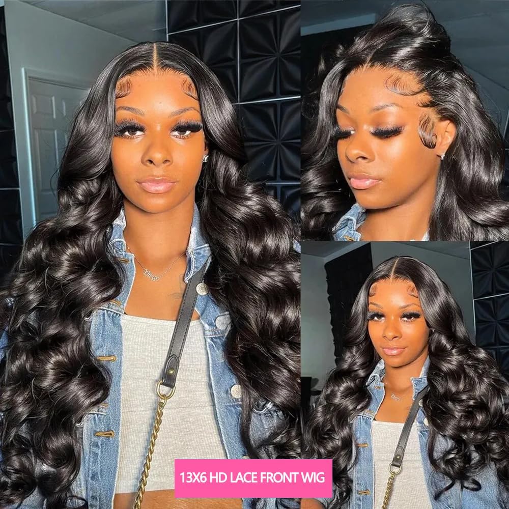 VIPPRETTY Synthetic Lace Front Wigs 30Inch 13x6 Body Wave Lace Frontal Wigs Human Hair Touch Vogue Highlight Technology Premium Fiber & Human Hair Nature Black Wig