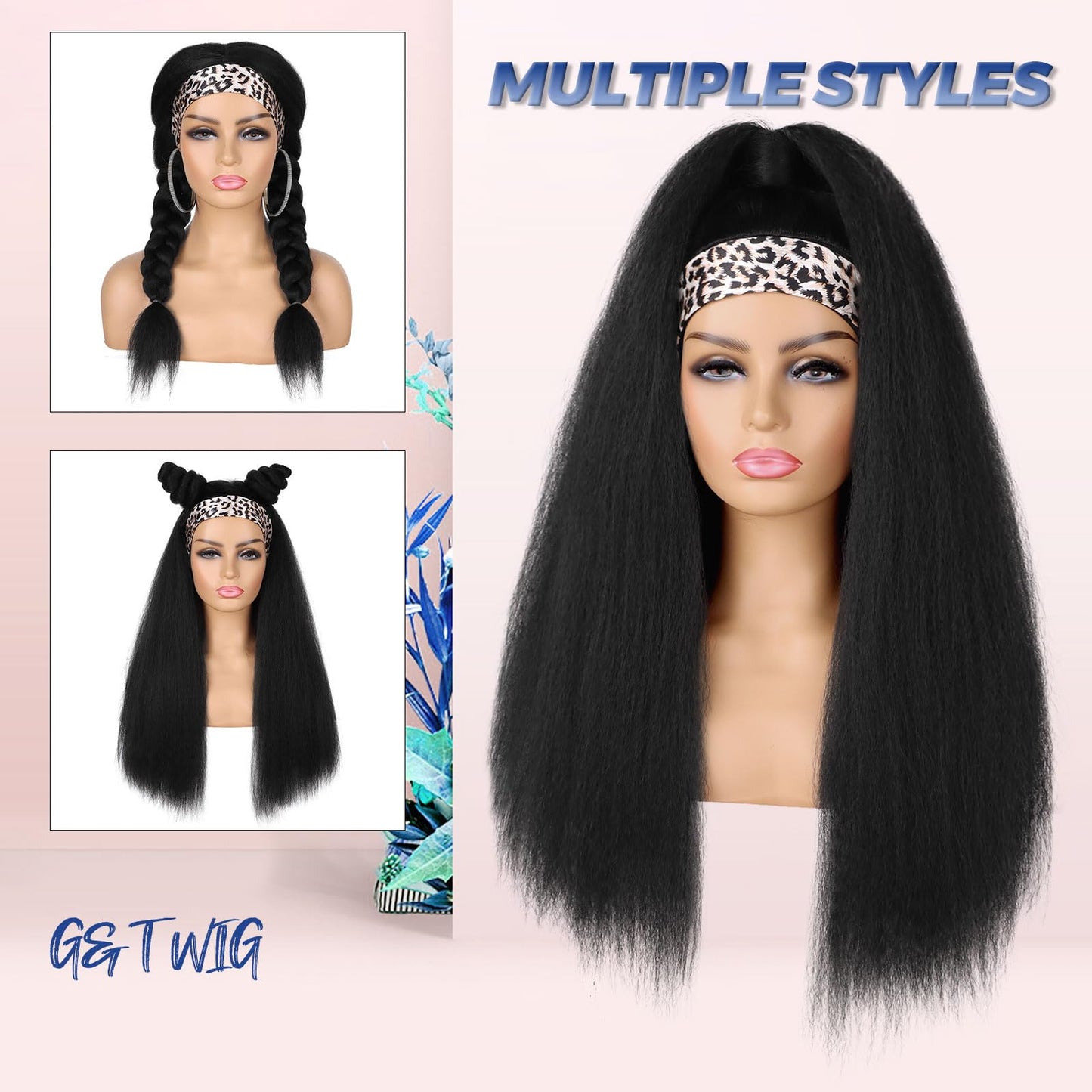 G&T Wig Yaki Straight Headband Wigs for Black Women Synthetic Yaki Headband Wig Long Kinky Straight Hair Wigs With Hair Band Attached 20 inch Full Machine Made None Lace Front Wig Natural Black Color