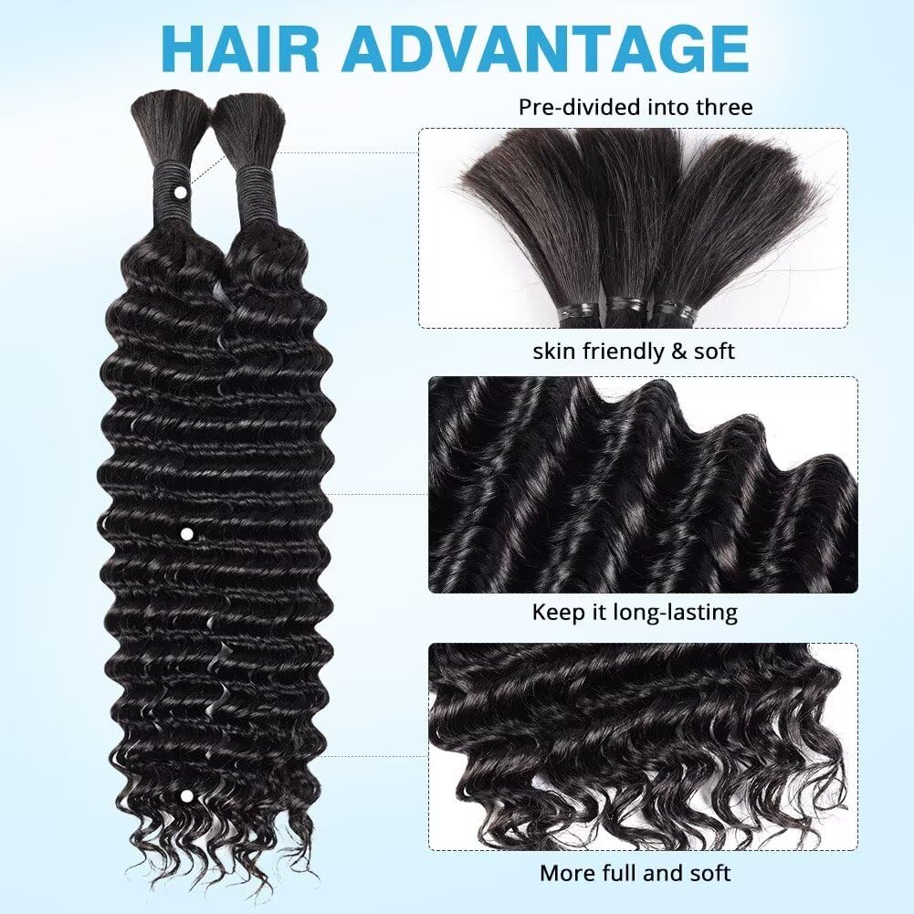 Human Braiding Hair Deep Water Wave Bulk 100g 24 Inch Curly for Boho Braids Extensions No Weft 2 Braids Per Pack Wet and Wavy Natural Color
