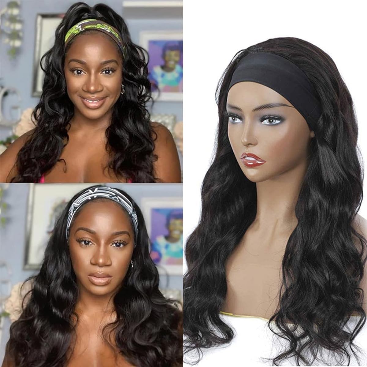 Headband Wig Human Hair Body Wave Headband Wigs for Black Women 20 Inch None Lace Front Wig Human Hair Wear and Go Glueless Wigs Machine Made Brazilian Virgin Human Hair Headband Wig Natural Color