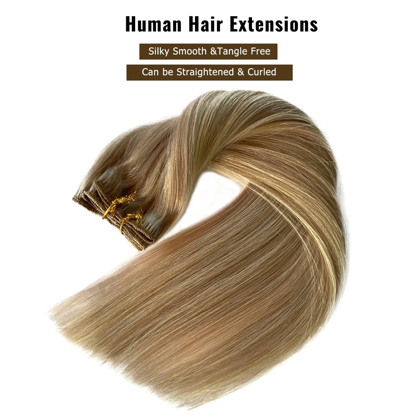 Hair Extensions Clip in Human Hair, Golden Blonde to Light Blonde Highlights Remy Human Hair Clip in Extensions 7 Pieces 70G Double Wefts 14 Inch Clip in Hair Extensions for Fine Hair Women