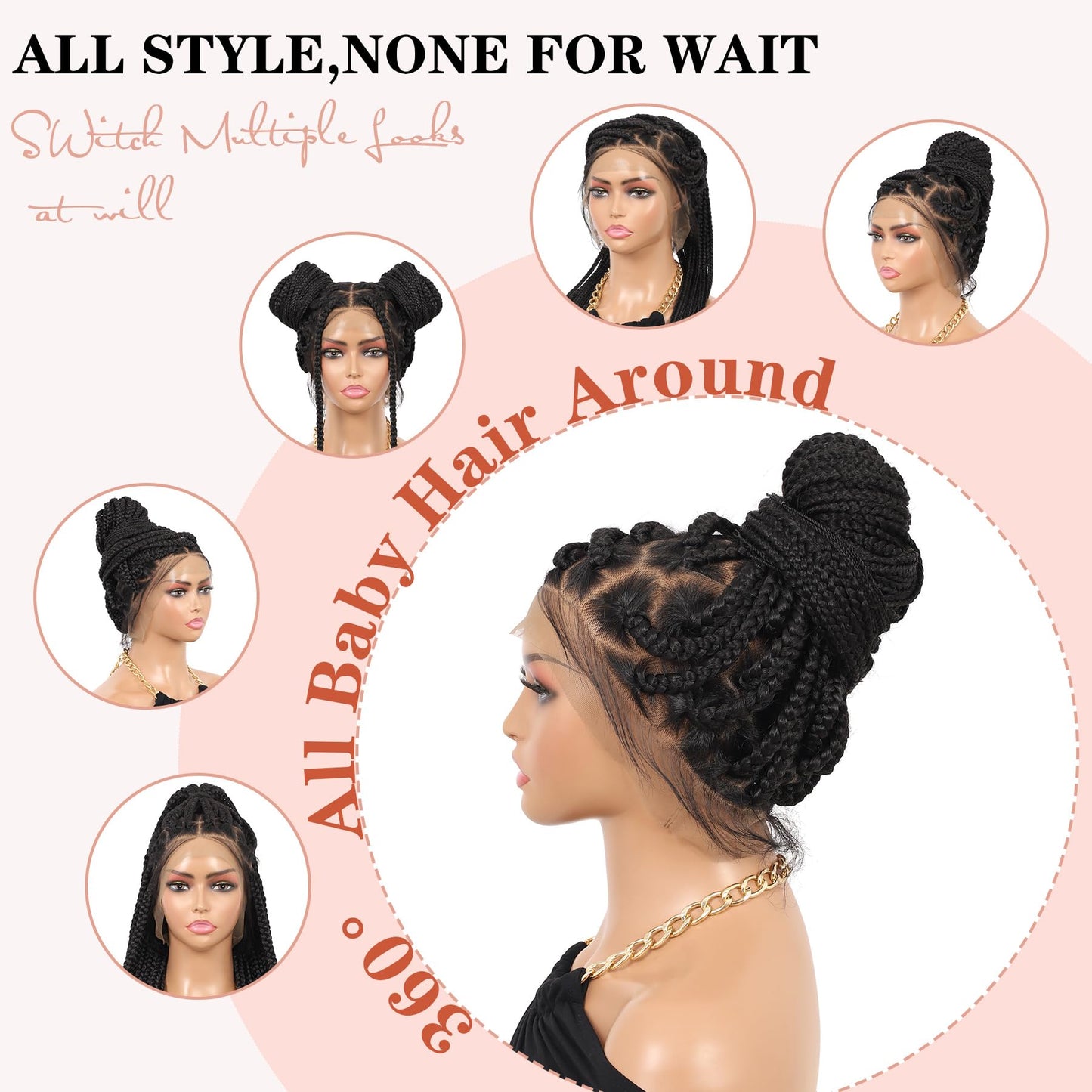 Lexqui 360° HD Full Lace Braided Wigs for Black Women Box Braid Wig Large Triangle Knotless Lace Braid Wig Synthetic Hair Lace Front Braided Wigs with Baby Hair 36" Black