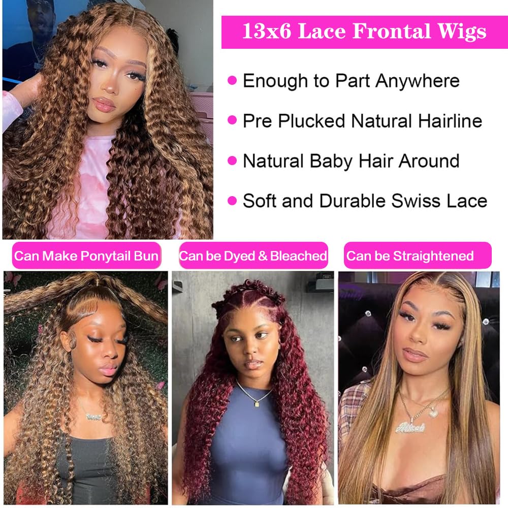 abbildung 28inch Highlight Ombre Lace Front Wig Human Hair 13x6 HD Honey Blonde 4/27 Deep Wave Lace Frontal Wigs Glueless Wigs Human Hair Pre Plucked with Baby Hair 200 Density