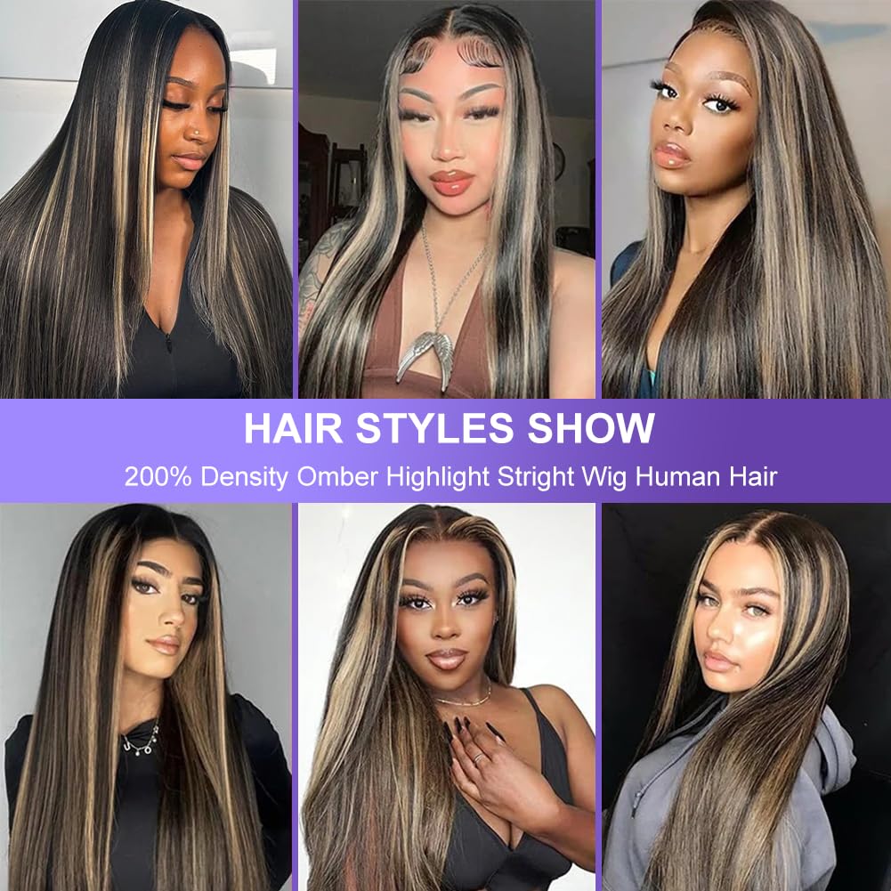 ONECHULY Long Highlight Lace Front Wig Human Hair 200% Density Balayage Ombre Lace Front Wig 13x4 HD Transparent Lace Pre Plucked with Baby Hair Glueless Brown Human Hair Wigs for Women 1B/30 32 Inch