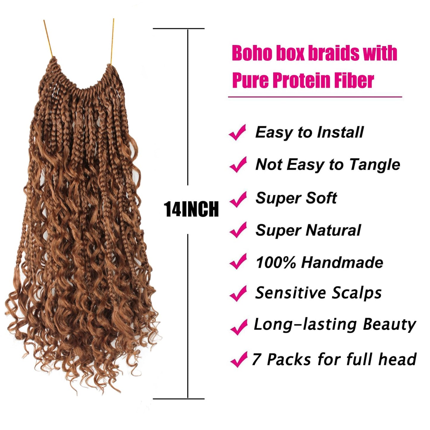 Boho Crochet Braids Pure Protein Fiber Close to Human Hair 14 Inch Goddess Box Braids with Soft Curls Bohemian Braids Crochet Hair for Black Women (14Inch,30#)