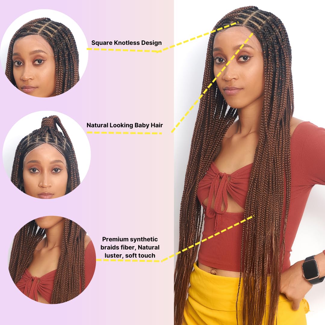 Wow Braids Box Braid Wig - Knotless Braided Wigs for Black women, with 360 glueless Full Swiss Lace Cap, & Human Baby Hair Frontal, Synthetic Long Neat African Handmade Braiding - 36 inch/Brown