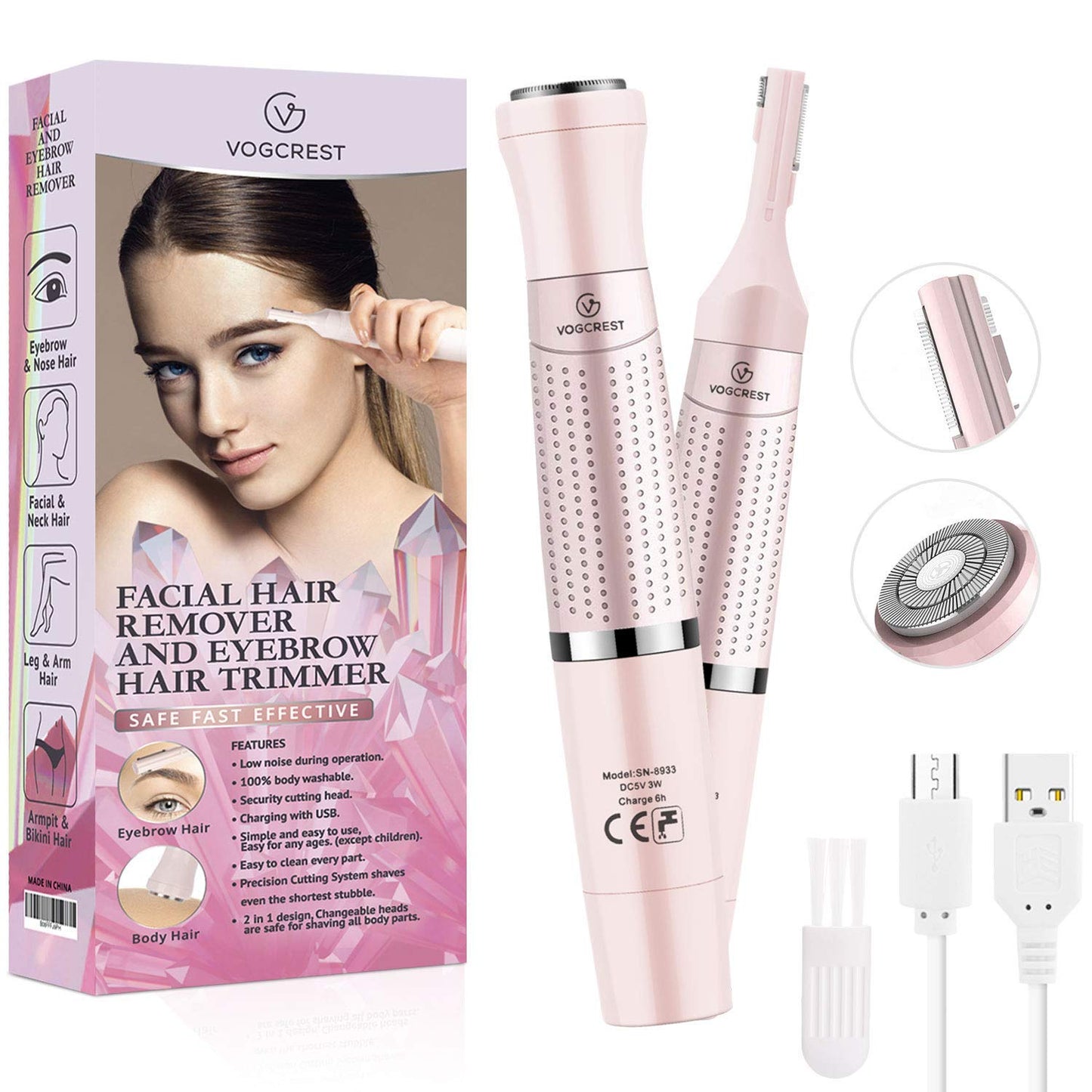 VG VOGCREST Women's Eyebrow Trimmer & Facial Hair Remover, 2 in 1, Double Rotating Blades, Safe, Painless, Hypoallergenic, Rechargeable, USB Charging