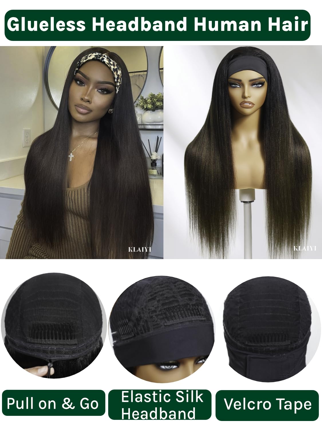 KLAIYI Ombre Brown Yaki Straight Headband Wig Human Hair Glueless Wear and Go Wig with Dark Roots Drawstring Chestnut Kinky Clip In Half Wigs for Black Women No Lace No Glue 30S Ready to Wear 26Inch