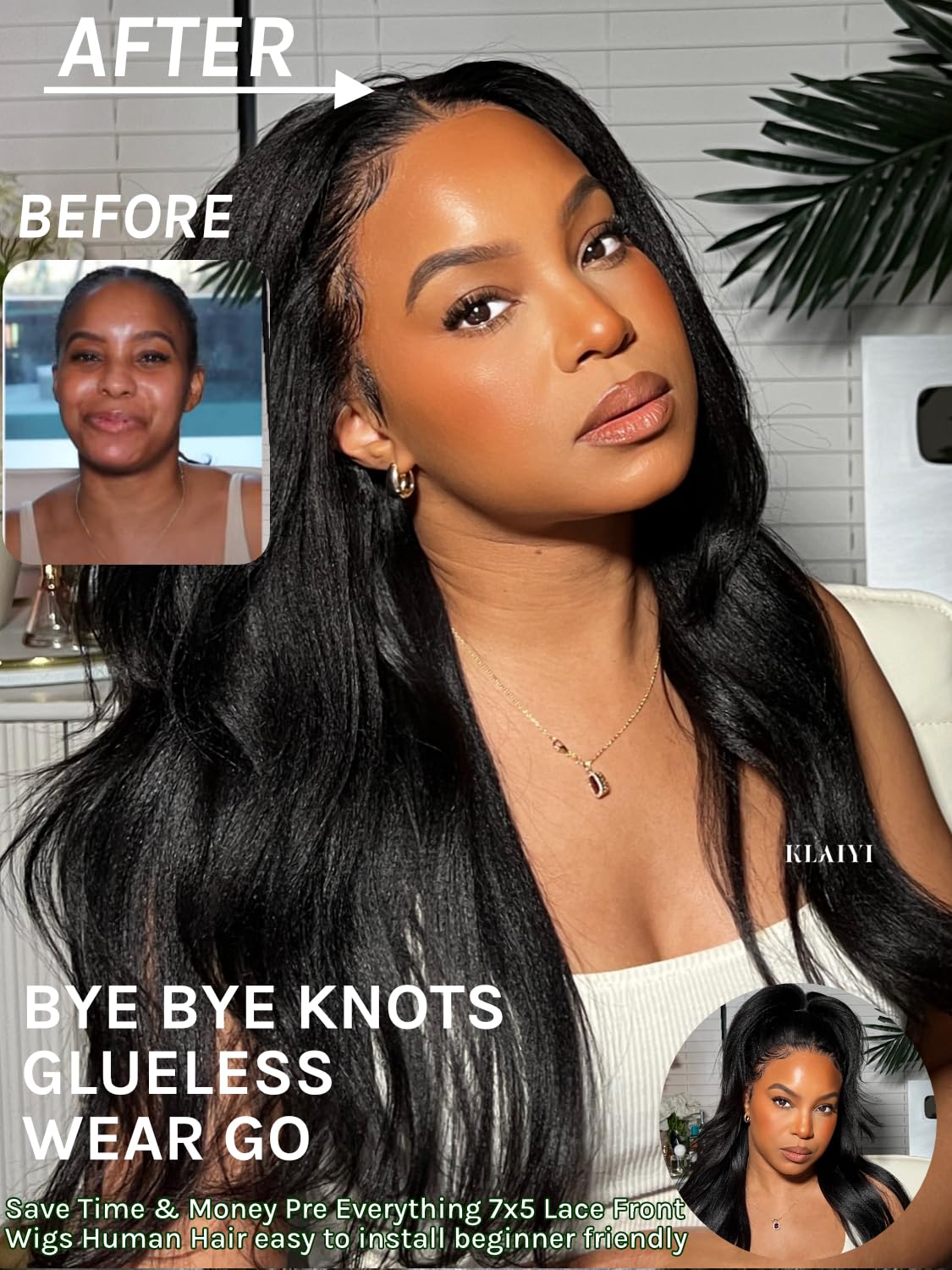 KLAIYI Yaki Straight Bye Bye Knots Glueless Wig 7x5 Precut Lace Front Wigs Human Hair Put On and Go Wigs for Beginners Pre Bleached Pre Plucked Pre Everything 3S Easy to Ready to Wear Kinky Wig 26Inch