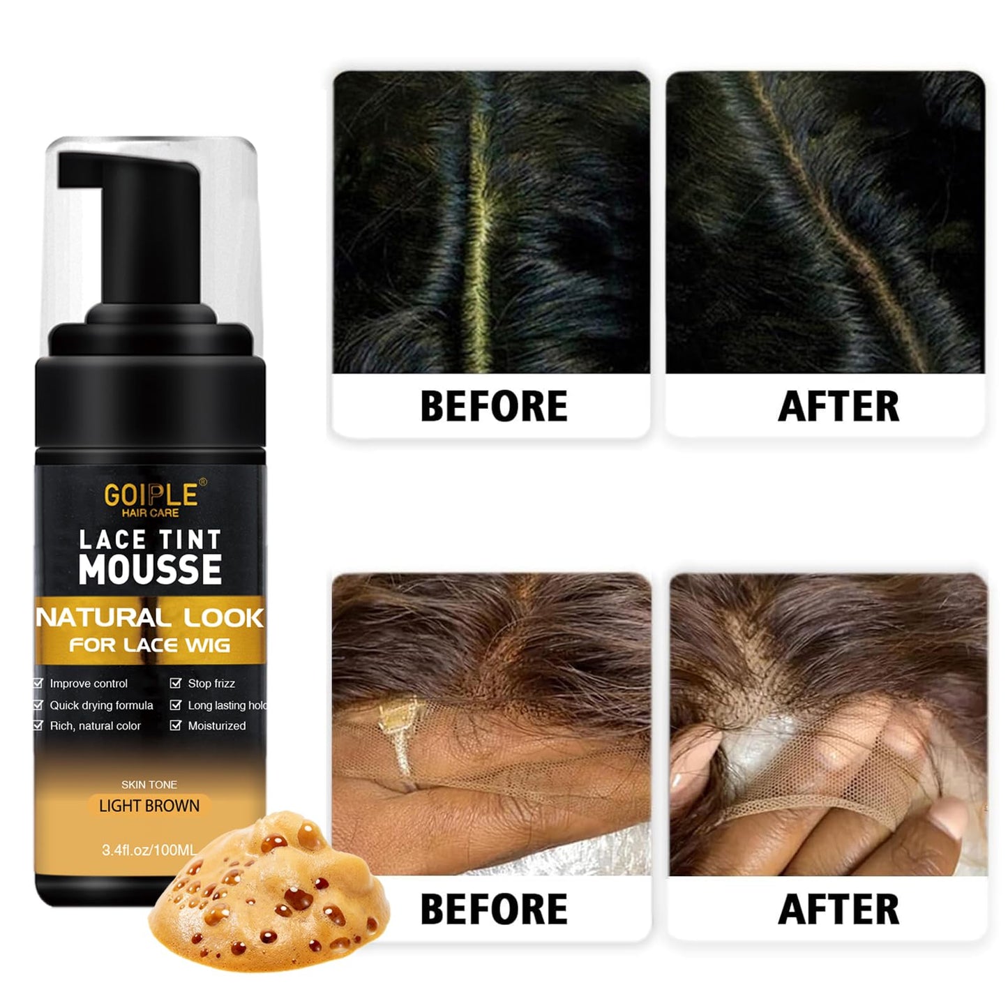 Lace Tint Melting Hair Mousse for Women Hair Wigs Lace Wigs Toupees and Hairpieces Natural Finishing Lace Color, Lace Tint Mousse for Wigs Lace Melting Spray Set (Light Brown)