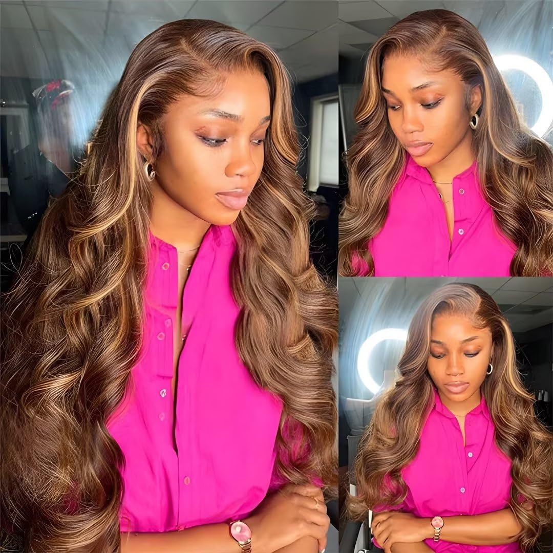 Yeeaak 32Inch Highlight Ombre Lace Front Wigs Human Hair 13x6 4/27 Highligt Body Wave Frontal Wig HD Transparent Lace Pre Plucked with Baby Hair 180% Density Glueless Honey Blonde Wig for Women