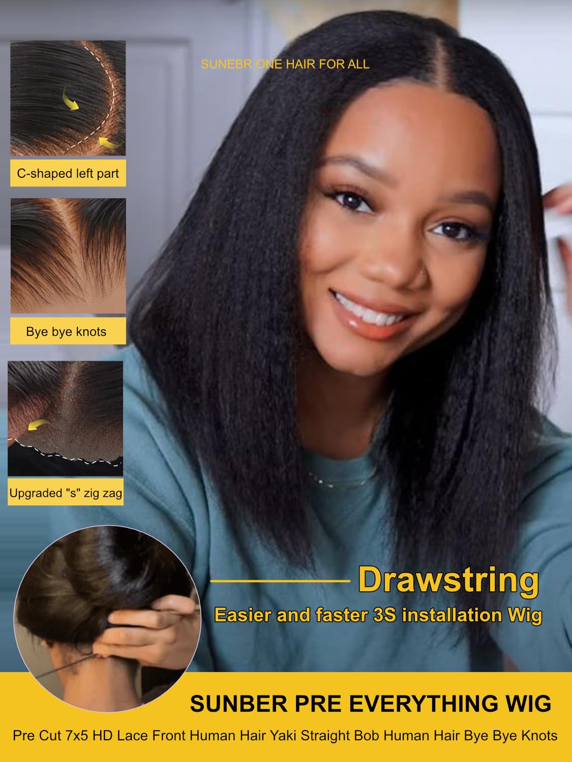 Sunber Glueless Yaki Straight Bob Wigs Pre Plucked Pre Bleached Bye Bye Knots Human Hair Wig Natural Black Pre Cut 7x5 Lace 150% Density Put On Go Pre Bleached Invisible Knots 10Inch