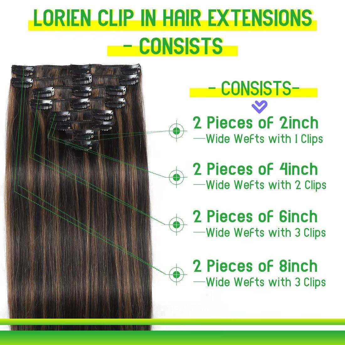 LORIEN Clip in Hair Extensions Real Human Hair, 18 Inch 100g, 1B/6 Natural Black to Chestnut Brown, Clip in 100% Brazilian Remy Human Hair Extensions 8pcs Per Set with 18 Clips Double Weft
