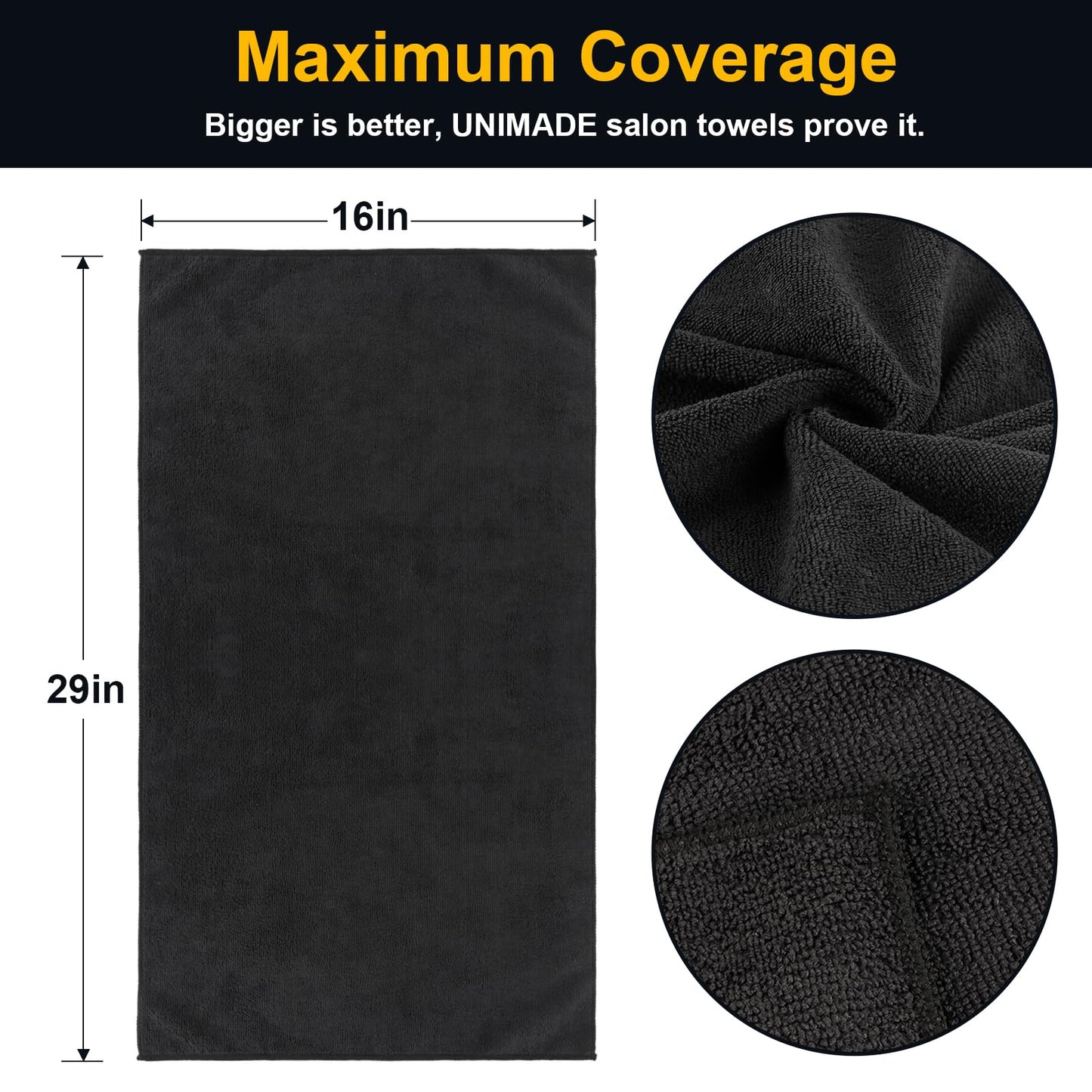 UNIMADE Salon Towels 24 Pack, Microfiber Barber Towel Bulk, (16x29 inches) Fast Drying Hair Towels Super Soft Black Hand Towels for Gym, Salon, Bath, Spa Use and Home Hair Care(Not Bleach Proof)