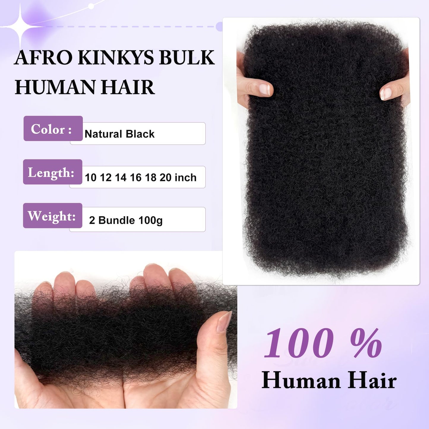 10 Inch Bob Afro Kinkys Bulk Human Hair 2 Bundle 100g Spring Twist Hair 4C Kinky Curly Human Braiding Hair for Mini Twists/Repair Locs Soft Quality Human crochet hair for Black Women Girl Kids