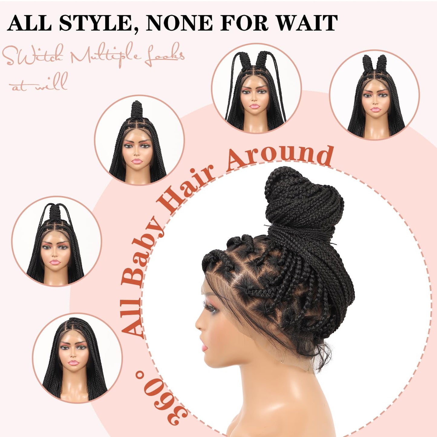 Lexqui 36 inch 360° Hd Full Lace Braided Wigs for Women Knotless Braided Wigs Box Braid Wig with Curly End Braid Lace Front Wig with Baby Hair Black