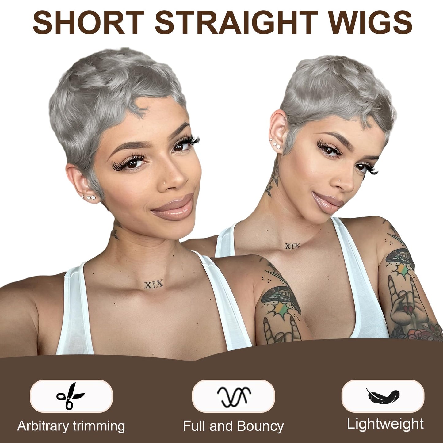 BOBCOO Short Grey Pixie Cut Wig for Black Women, Synthetic Layered Wavy Bob Hairpiece with Bangs, Light Grey Short Pixie Style (Layered)