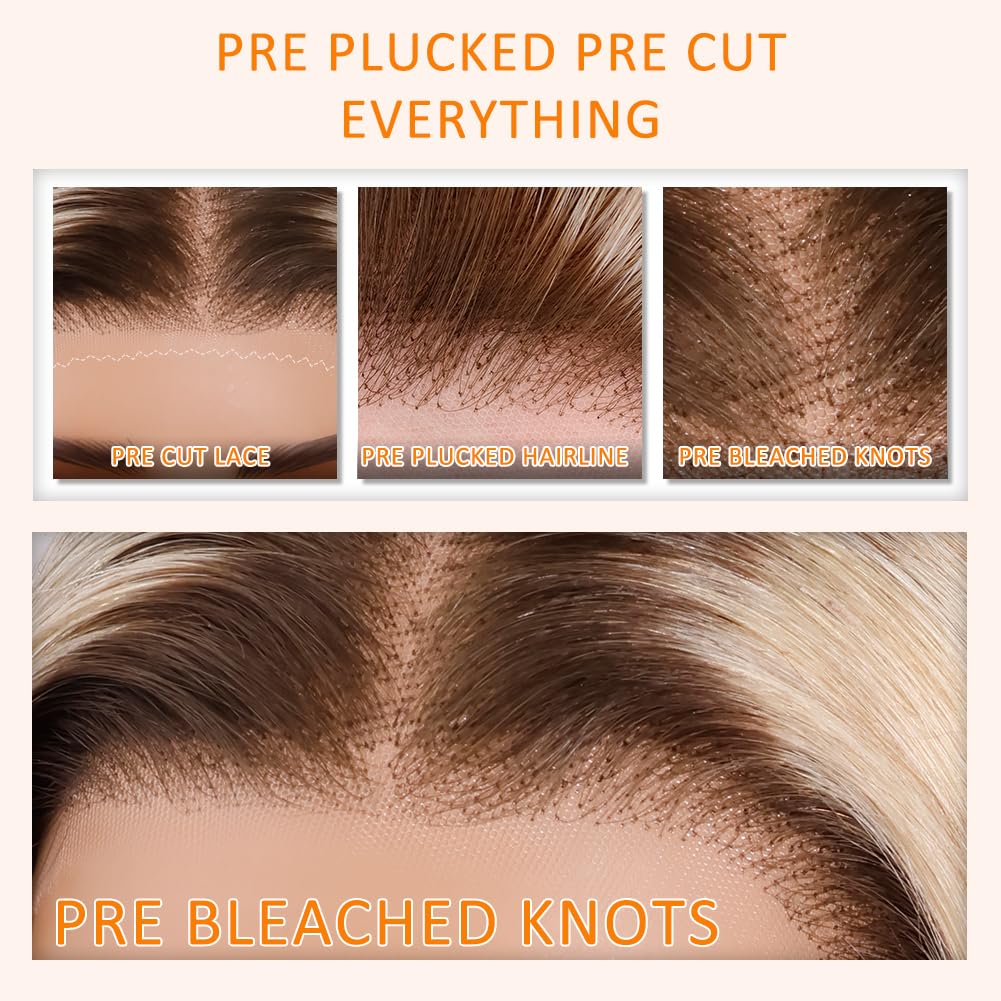 Ombre Ash Blonde Wigs Human Hair for Women 12A Real Human Hair Summer Wig Straight Short Blonde Bob Wig with Dark Roots Breathable Pre Cut Plucked 13x4 UHD Lace Front Wig for Daily Party 12In 180%