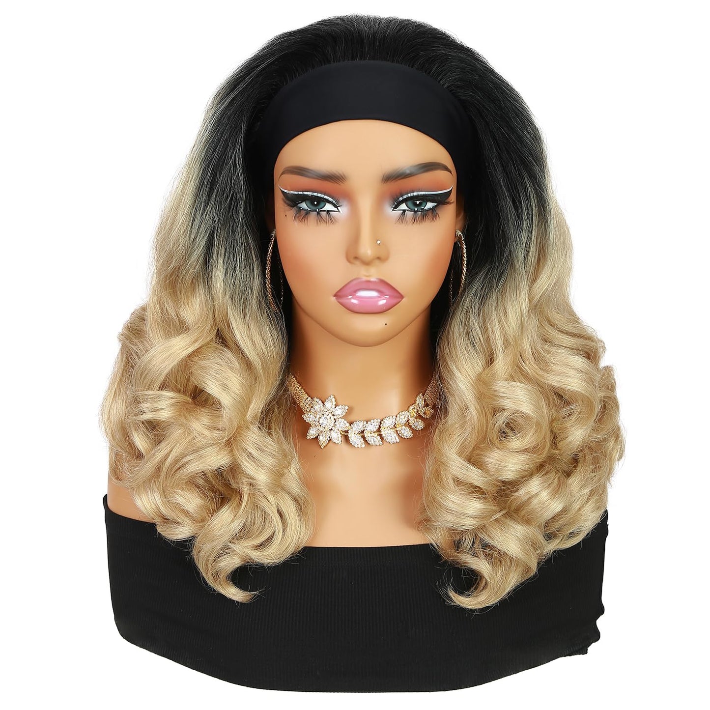Quantum Love Yaki Curly Headband Wigs for Black Women Kinky Straight Ombre Blonde Headband Curly Ends Synthetic Wear and Go Glueless half Wig with Headbands Attached