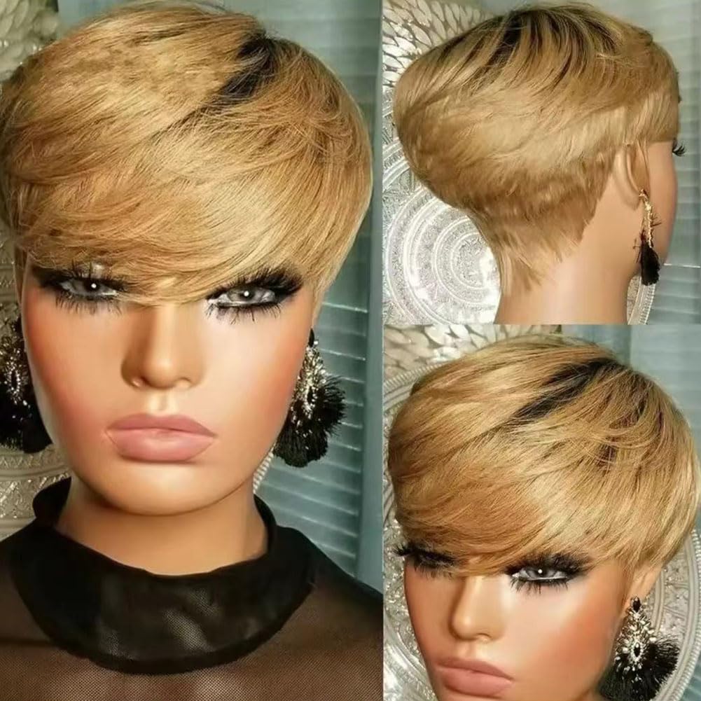 HOTKIS Pixie Cut Wig Human Hair Short Human Hair Wigs for Black Women Blonde 1b/27 Short Wigs Human Hair Short Natural Hair Wigs Pixie Wig with Bang Ombra 27