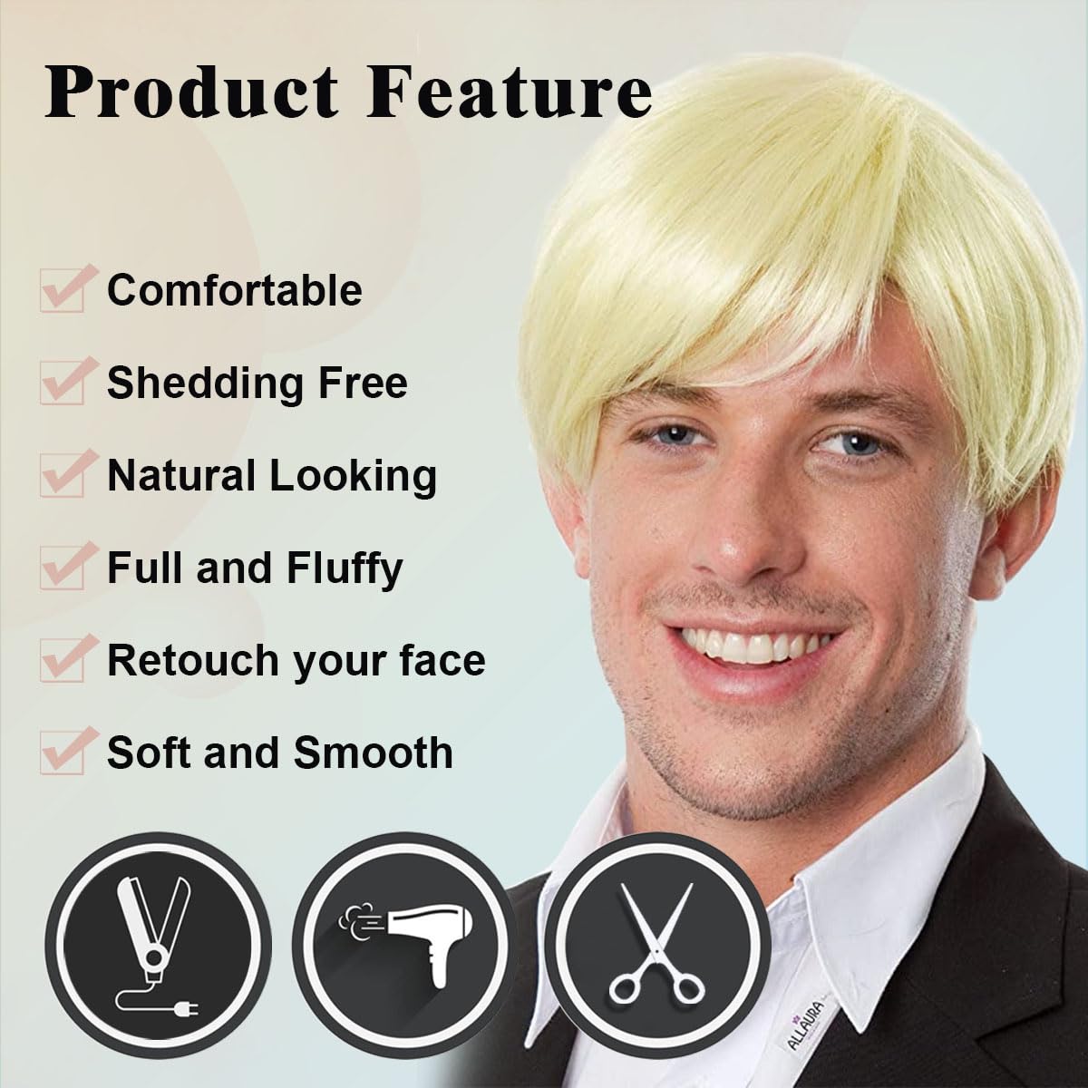 TOPHR Blonde Wig Men Short Straight 6 Inch Heat Resistant Synthetic Blonde Wig for men Daily Costumes or Halloween Wear