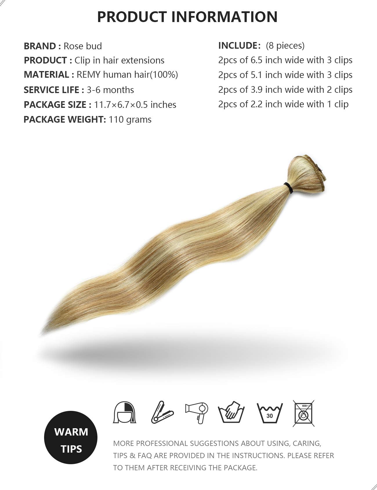 ROSEBUD Clip in Hair Extensions REMY Human Hair 8Pcs 18 Clips 60g/Set 10 Inch