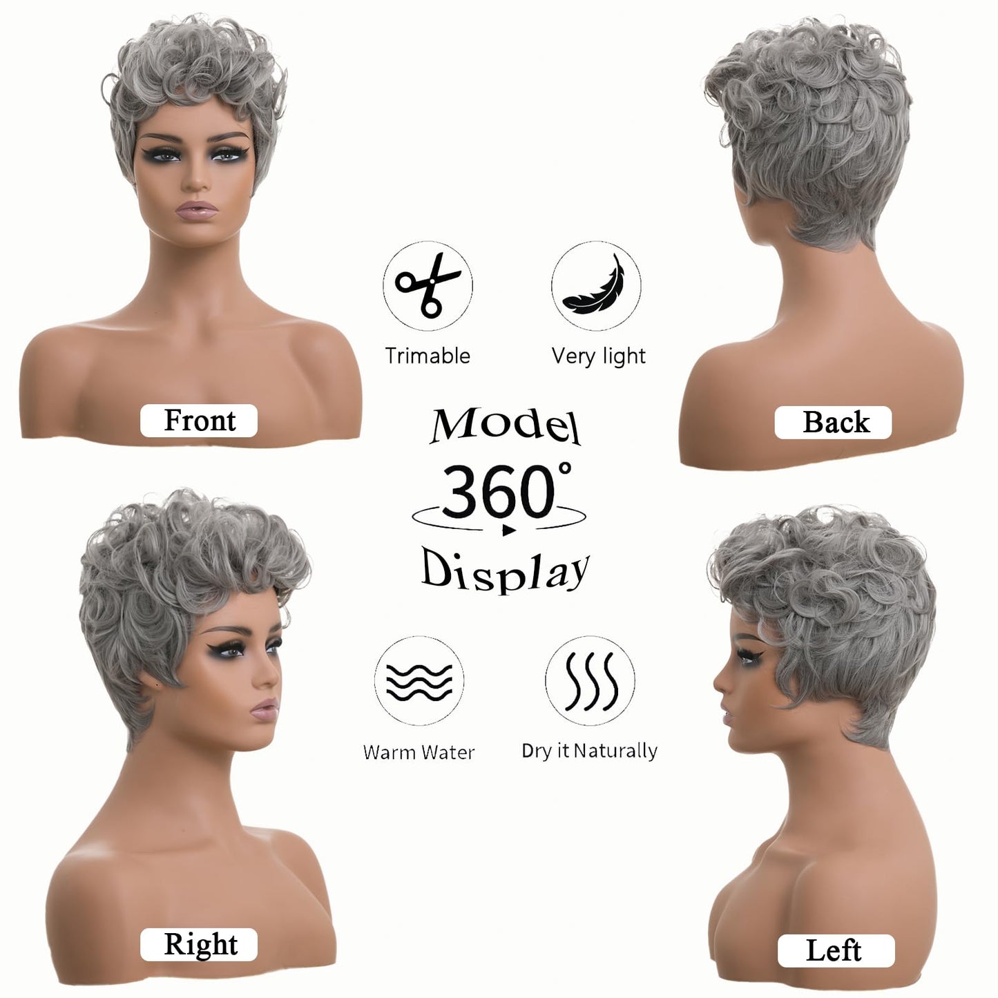 DOcute Gray Wig for Black People Pixie Cut Wig with Bangs Short Pixie, Curly Wig for Black Women, Fluffy Pixie Curly Wig for Women Natural Wavy Short Gray Pixie Cut (Grey)