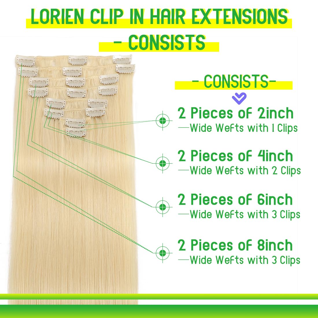 LORIEN Clip in Hair Extensions Real Human Hair, 20 Inch 105g, #60 Platinum Blonde, Clip in 100% Brazilian Remy Human Hair Extensions 8pcs Per Set with 18 Clips Double Weft