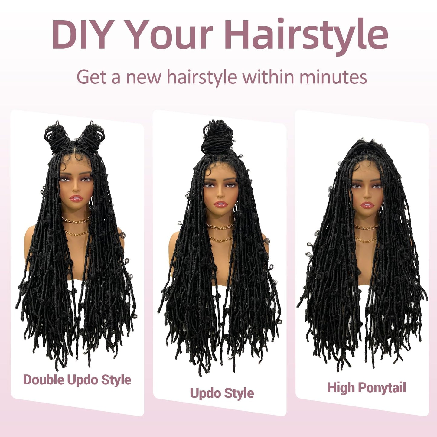 Janyuwool 36" Butterfly Locs Full Lace Knotless Braided Wigs for Black Women Lace Frontal Braid Wig Human Hair Blended Full Double Lace Braided Wig with Baby Hair Lace Front Locs Braids Wig (Black)