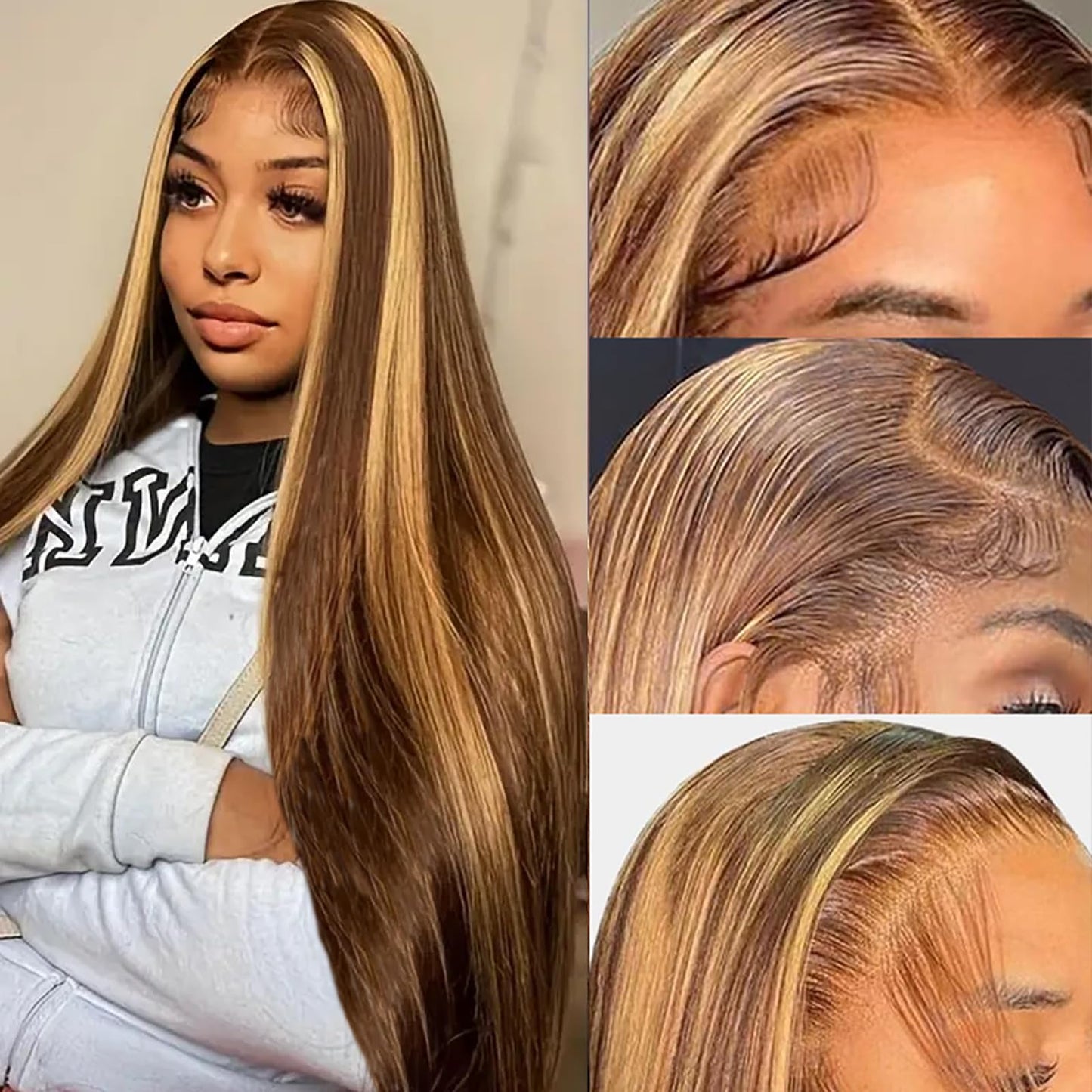 Highlight Ombre Lace Front Wig Human Hair 30Inch Honey Blonde Lace Front Wigs Human Hair 13x6 HD Transparent Straight Lace Front Wigs 180% Density 4/27 Colored Human Hair Pre Plucked with Baby Hair