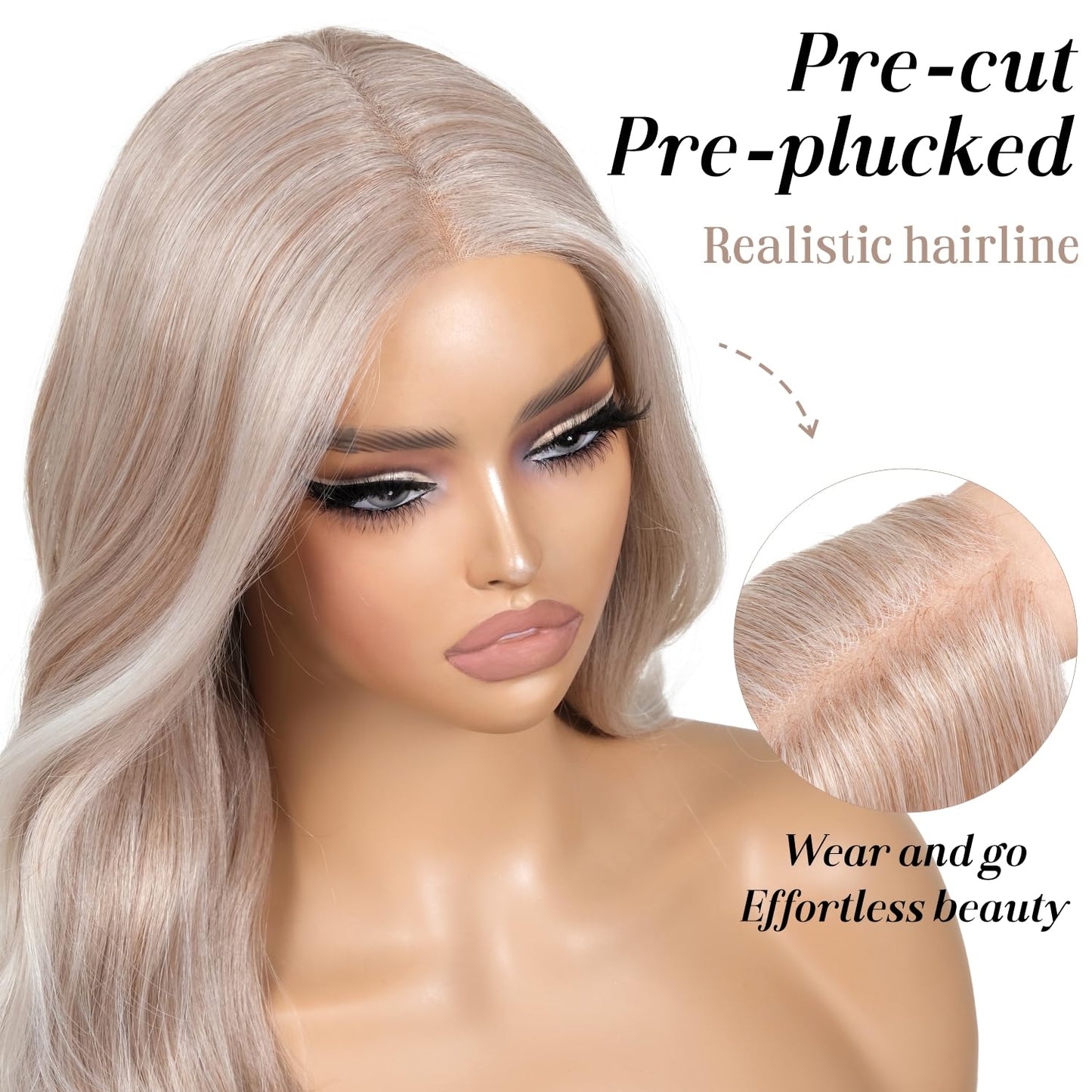 ENCOUNTERU Ash Blonde Wear and Go Glueless Wig with Bangs Synthetic Lace Front Wigs for Women Body Wave Pre Plucked Pre Cut HD Lace Glueless Ombre Wig Middle Part 26Inch