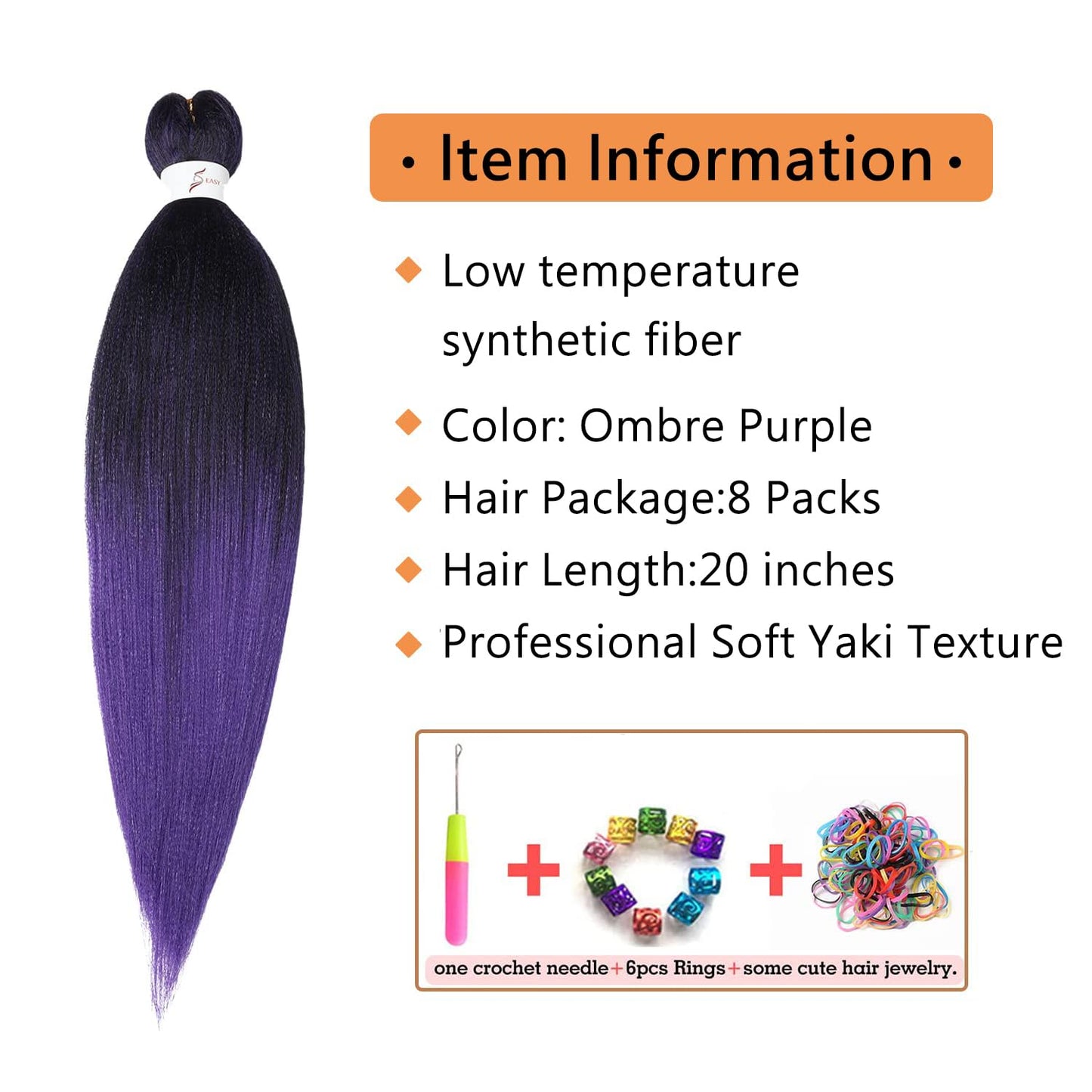 Pre Stretched Braiding Hair, 20 inch Braiding Hair, 8 Packs Soft Yaki Texture,No Itch, Hot Water Setting Synthetic Hair Extensions for Braids (20in,1B/Purple)