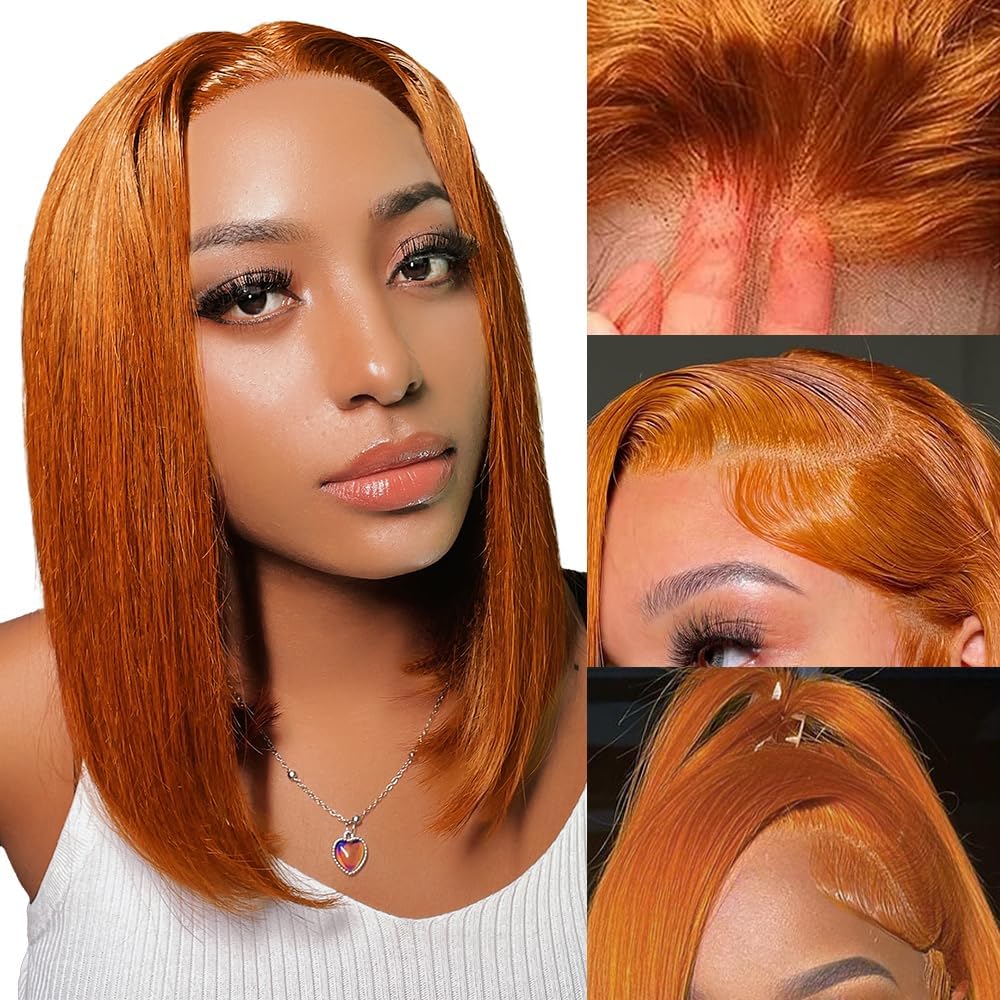 350 Ginger Bob Wig Human Hair 13x4 HD Transparent Lace Front Wigs Pre Plucked Natural Hairline Straight Bob Wig for Black Women Short Orange Ginger with Baby Hair 180% Density Brazilian Hair 14Inch