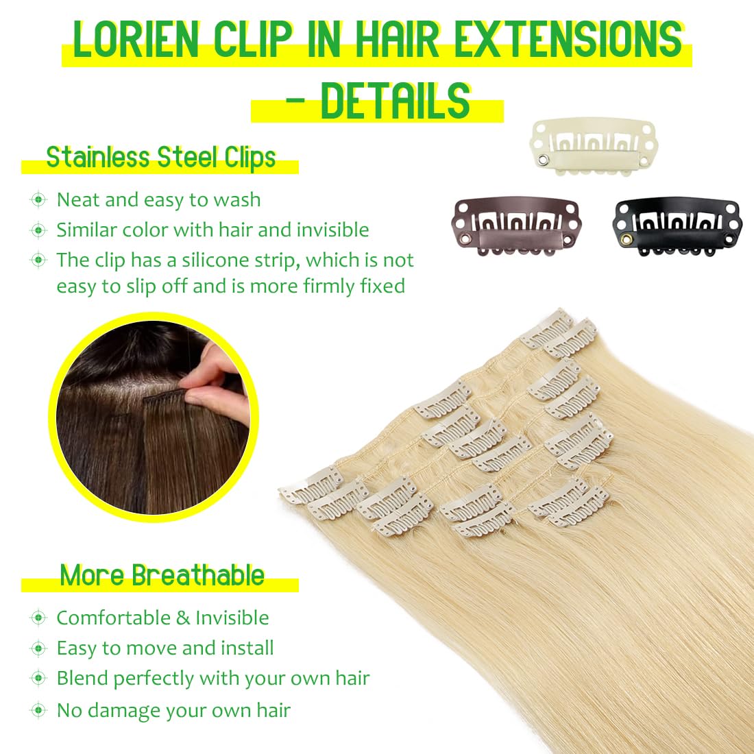 LORIEN Clip in Hair Extensions Real Human Hair, 20 Inch 105g, #60 Platinum Blonde, Clip in 100% Brazilian Remy Human Hair Extensions 8pcs Per Set with 18 Clips Double Weft
